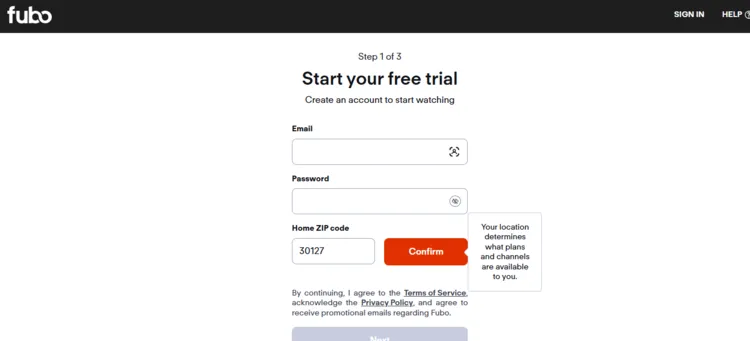 Fubo Tv signup step 2 - SiemensMobile