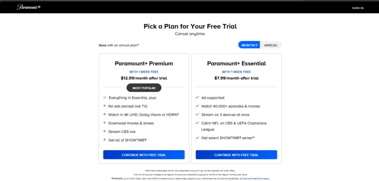 Paramount Plus choose plan - SiemensMobile