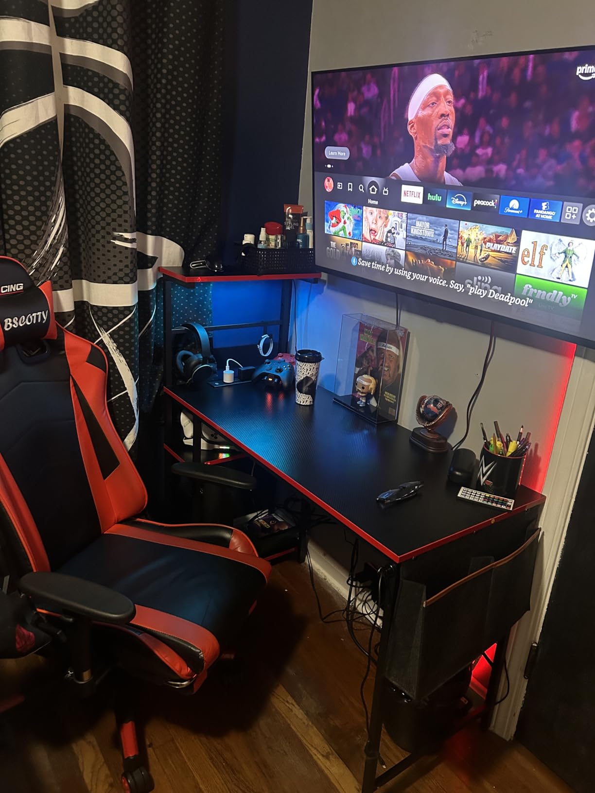 Bestier Gaming Desk with LED Lights, 44 Inch PC Gamer Desk for Small Spaces, Computer Desk with Reversible Storage Shelves & Side Storage Bag (Black Grained) customer photo 1