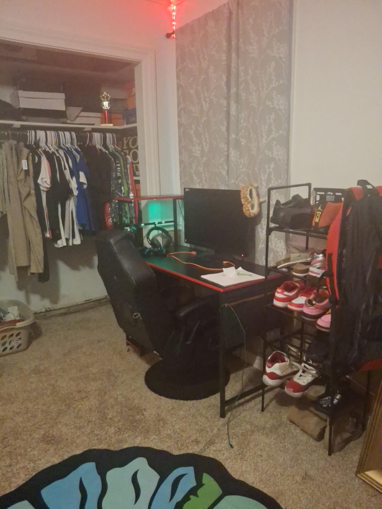 Bestier Gaming Desk with LED Lights, 44 Inch PC Gamer Desk for Small Spaces, Computer Desk with Reversible Storage Shelves & Side Storage Bag (Black Grained) customer photo 2