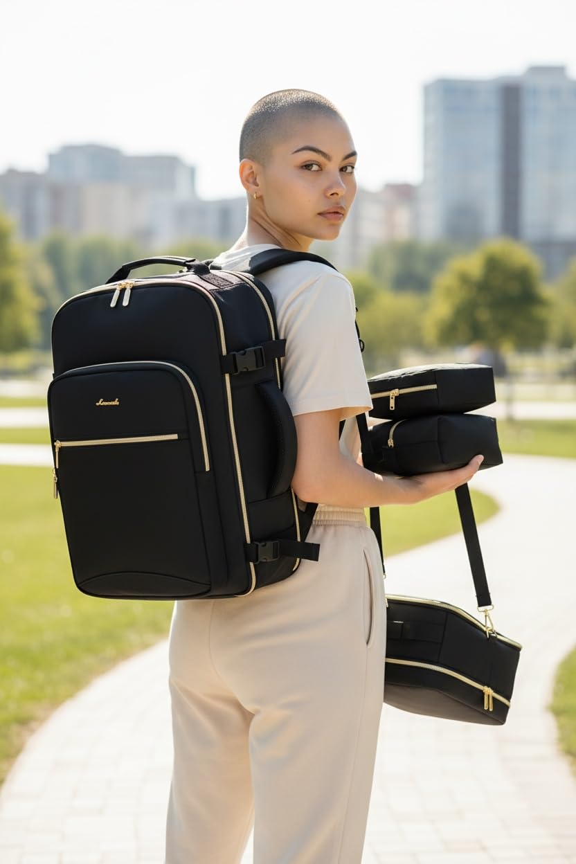 LOVEVOOK Travel Backpack for Women & Men 40L, Airline Approved Carry On Backpack Travel Essentials, TSA Carry on Luggage, Waterproof Personal Item Travel Bag, Suitcase with 3 Packing Cubes, Light gray-Pink customer photo 2