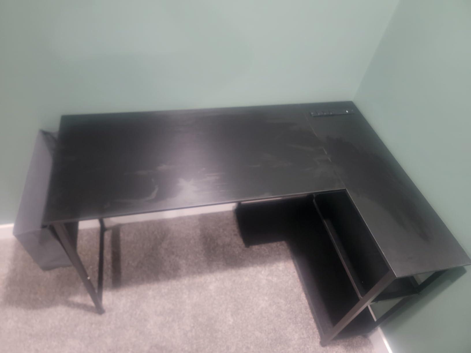 ODK 40 Inch Small L Shaped Gaming Computer Desk with Power Outlets, Reversible Storage Shelves & PC Stand for Home Office, Simple Writing Study Table with Storage Bag for Small Space, Black customer photo 2