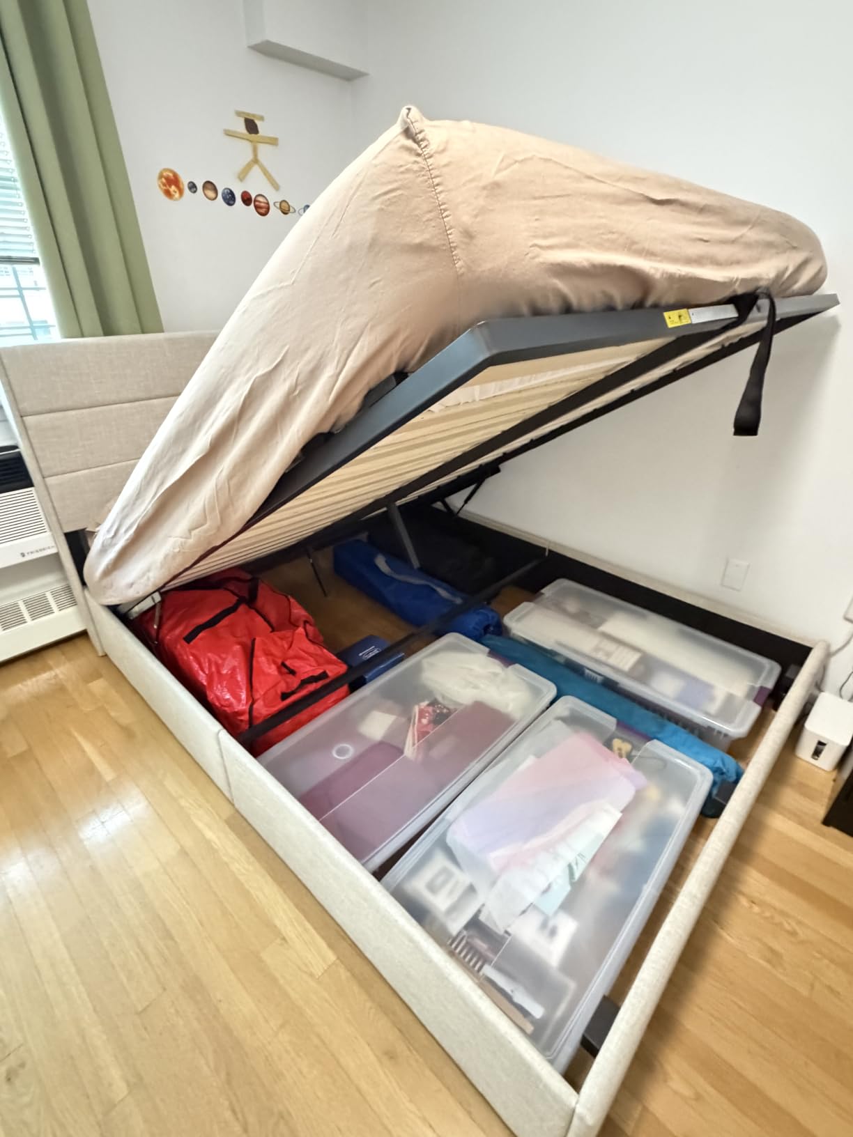 Allewie Queen Size Lift Up Storage Bed, Modern Wingback Headboard, Hydraulic Support, No Box Spring Needed, Light Beige customer photo 1