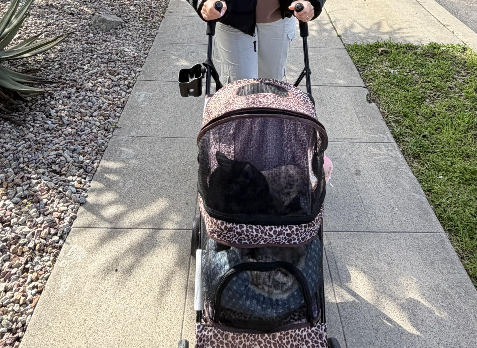 MoNiBloom 4 Wheels Pet Stroller, Easy-Fold Puppy Cage Jogger Stroller with Sun Cover, Pad and Rear Storage Bag, Breathable and Visible Mesh for Small/Medium Pets up to 22 lbs, Navy Blue customer photo 1