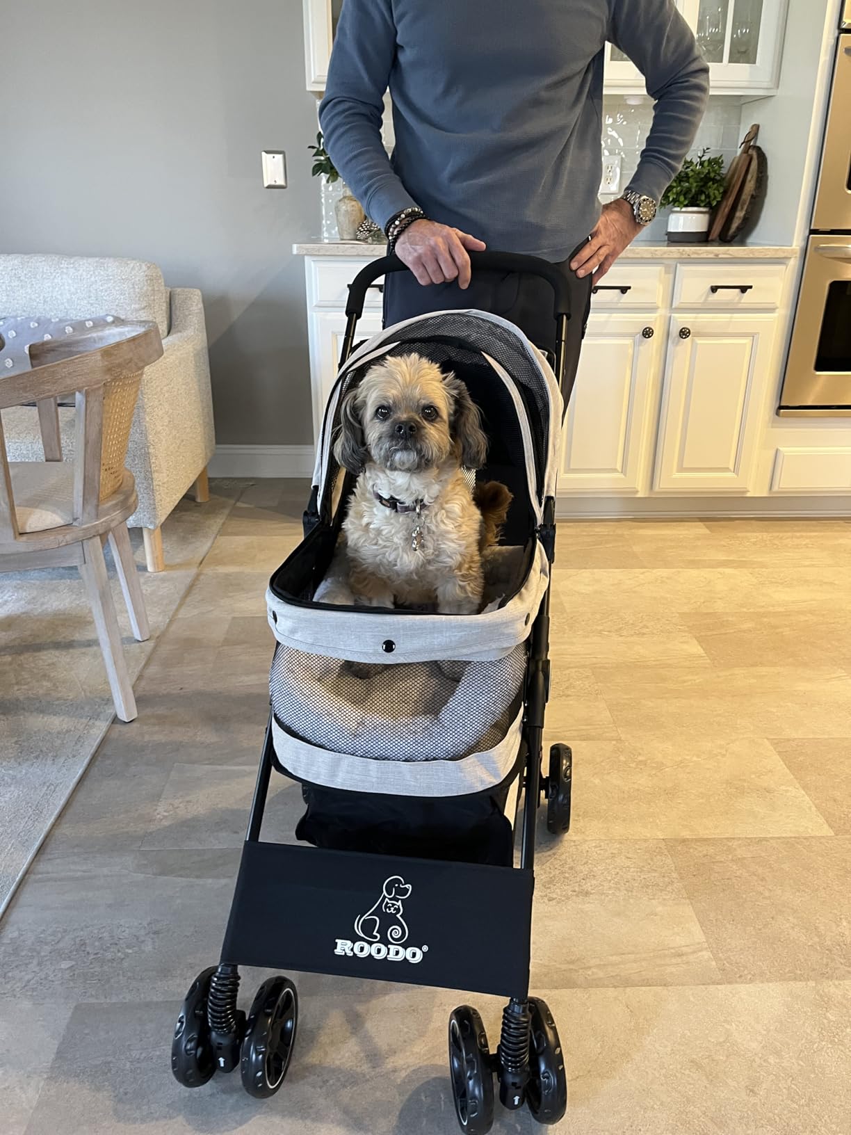 ROODO 4 Wheel Dog Cat Pet Stroller Best Lightweight Foldable Compact Portable Jogger All Terrain Travel Pet Gear Puppy Doggie Bunny Kitty Stroller for up to 30lbs Medium Small Dogs Cats(Light Khaki) customer photo 2