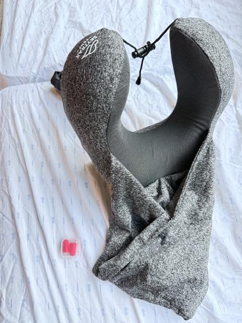 SkytraxComf Travel Neck Pillow with Hood for Privacy on Long Flights | Memory Foam | Airplane Sleep | Safety-Tested Materials | Extra Large Hood | Chin Support | Earplugs | Washable Cover customer photo 1