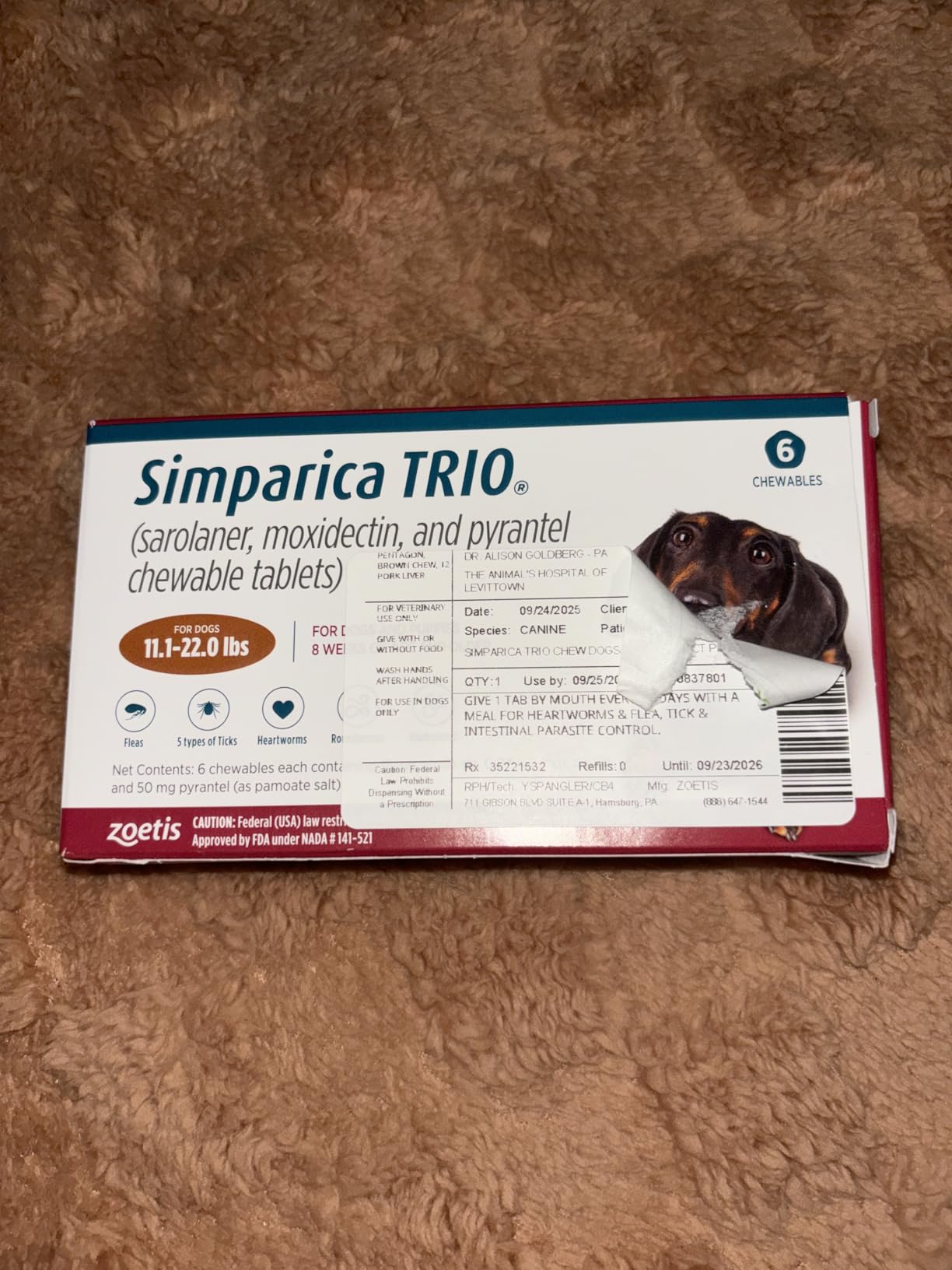 Simparica Trio (sarolaner, moxidectin, and pyrantel chewable Tablets) Chewables for Dogs, 48 mg/tab, 44.1-88 lbs, (Green), 6 Tablets customer photo 1