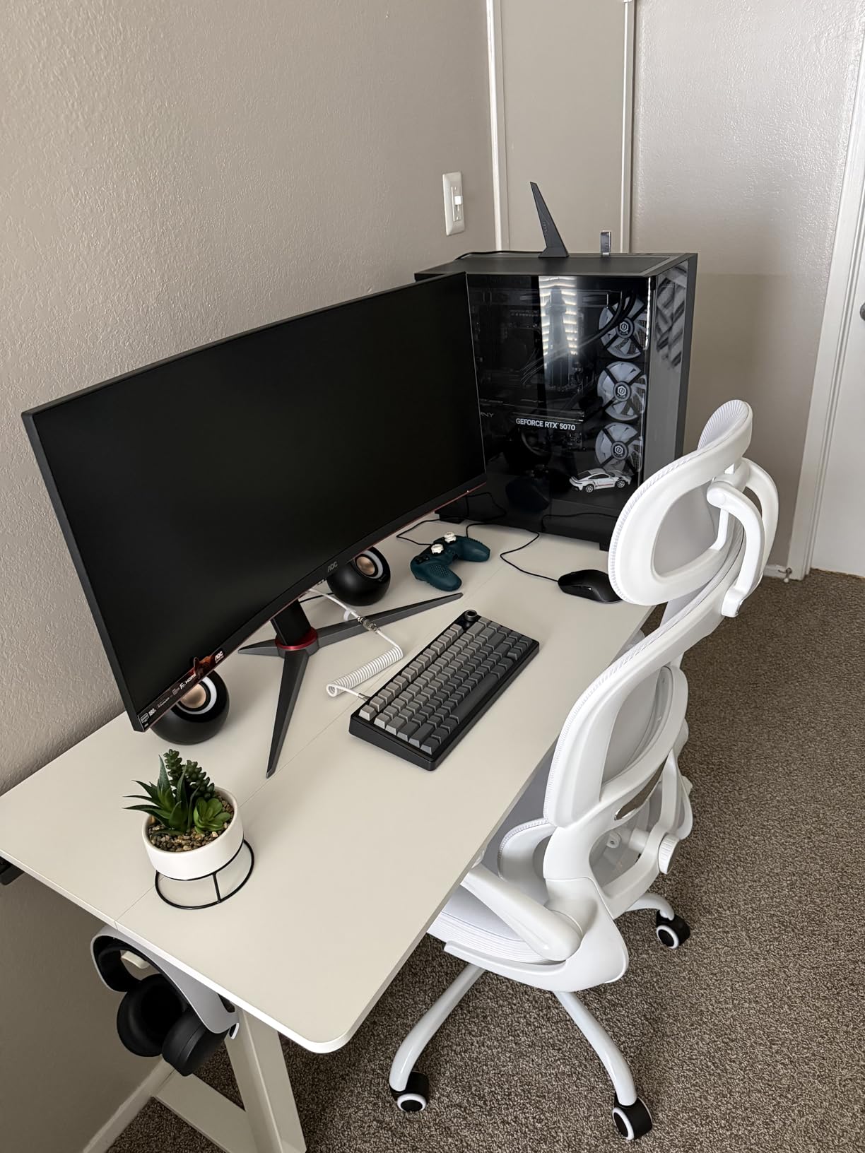 Veken 55 Inch Large Electric Standing Desk, Sit to Stand Up, Heights Adjustable, Work Home Office Computer Table for Study, Walking Pad, Writing, and Games, Wooden Desktop Desks, White customer photo 1