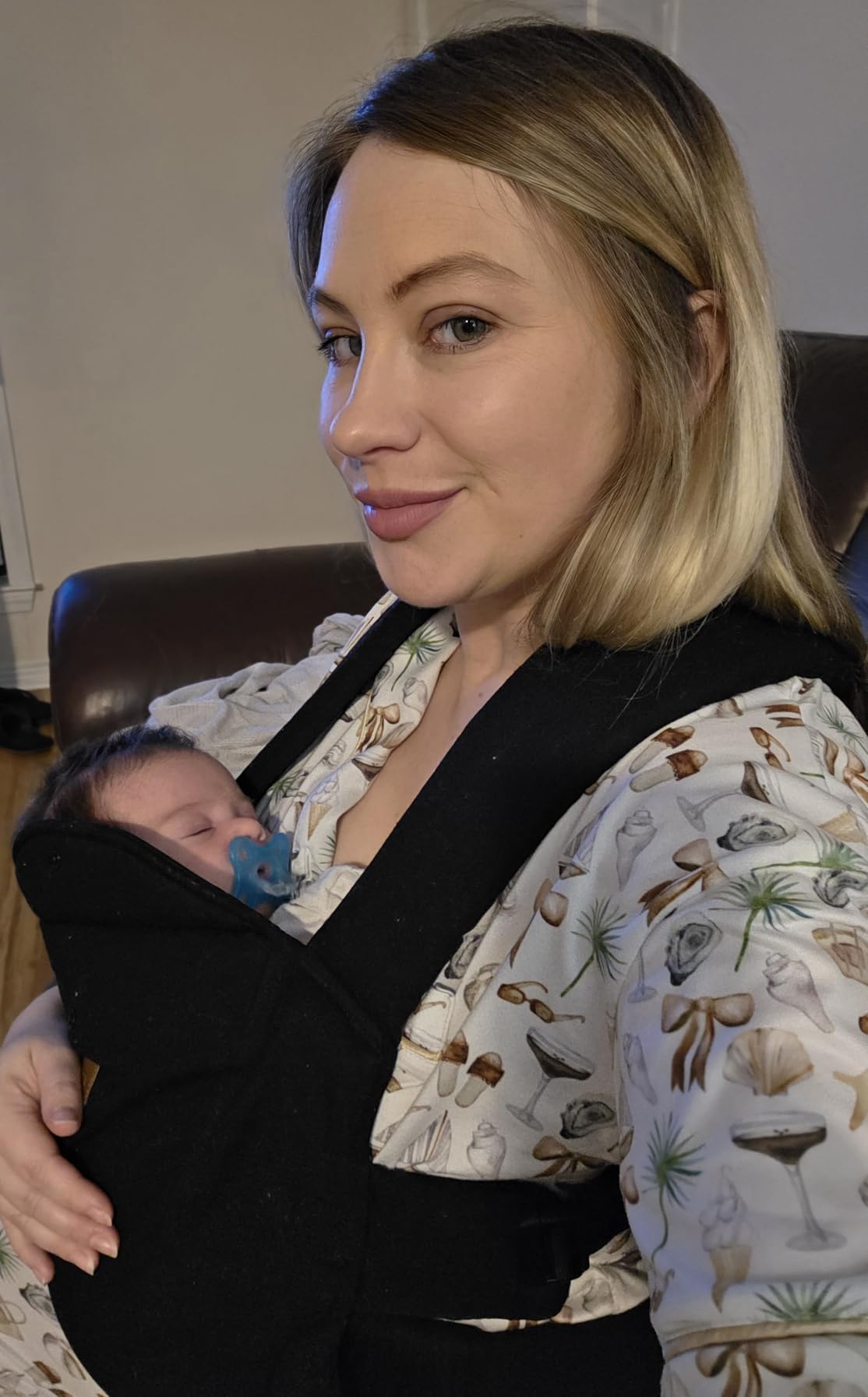 Momcozy WeeSnug Baby Carrier - Cozy Comfort for Newborns 7-25 lbs, Ergonomic Cross-Back Support, Effortless to Put On, Hands-Free Infant Carrier with Lumbar Support, Khaki customer photo 2