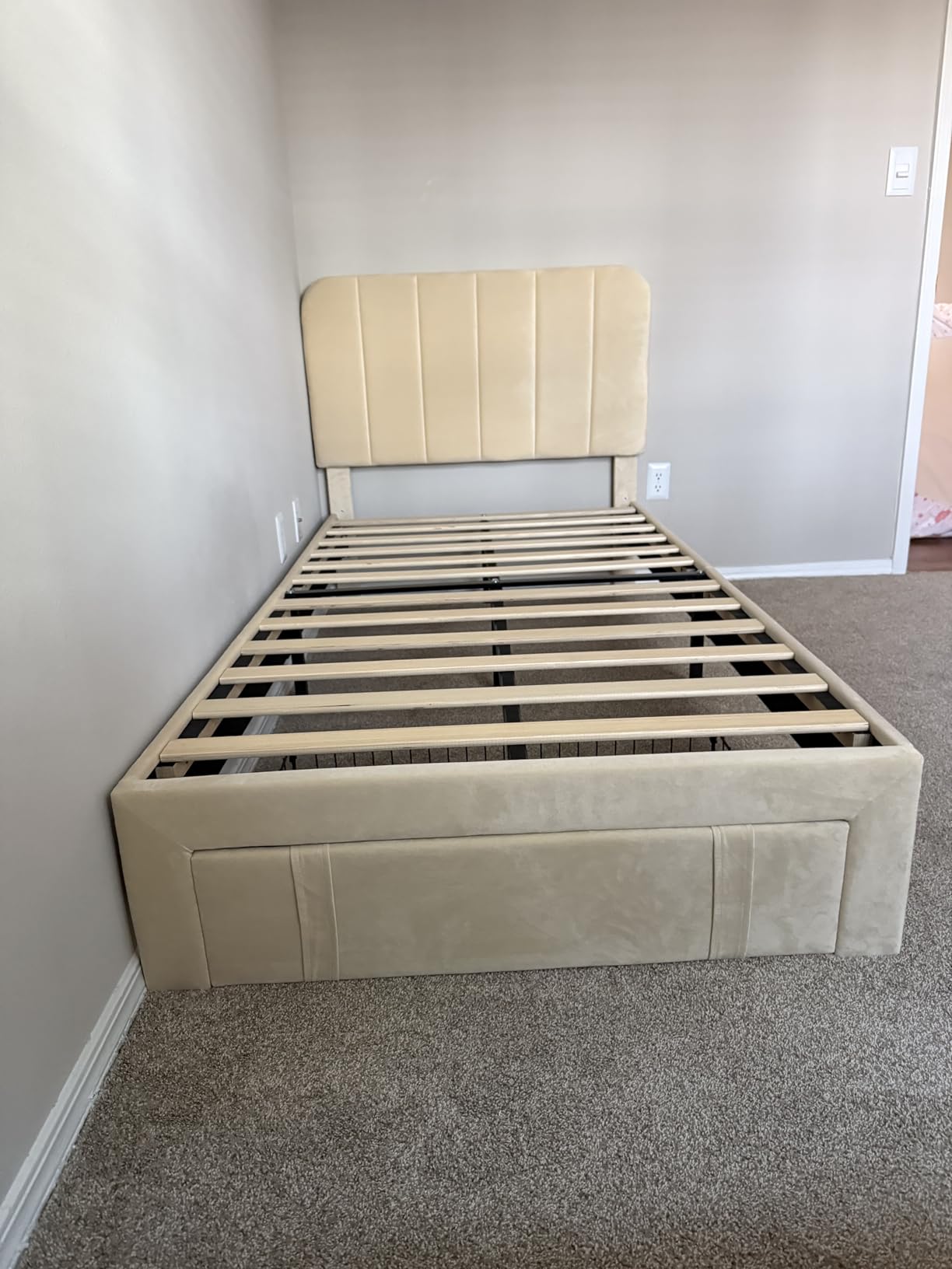 VECELO Queen Size Upholstered Bed Frame with 4 Drawers and Headboard, Velvet Platform Storage Bedframe, Wooden Slats Support, No Box Spring Needed, Beige customer photo 2