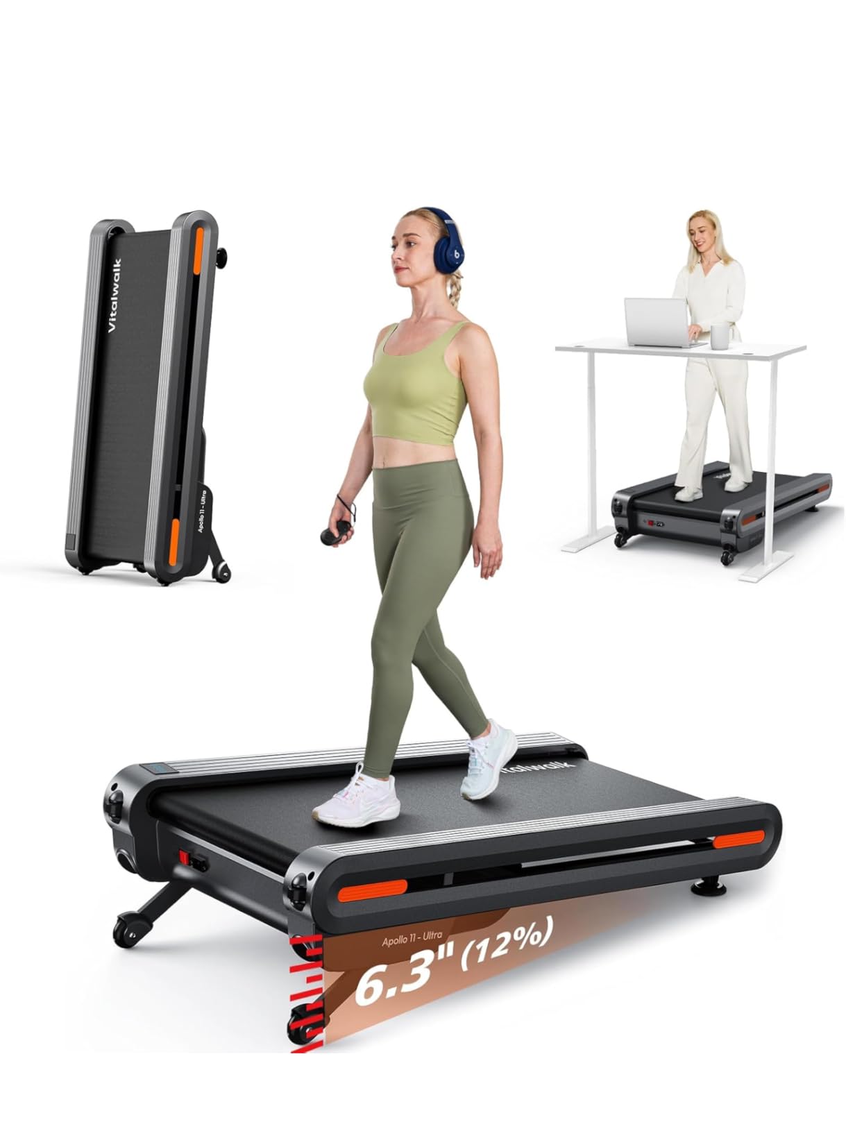 Walking Pad Treadmill with Incline, Full Deck, Auto Incline 12%-20%, 400/350lbs Capacity, Vitalwalk Compact Under Desk Treadmills for Home Office, 3.0HP Brushless, Vertical Store customer photo 1