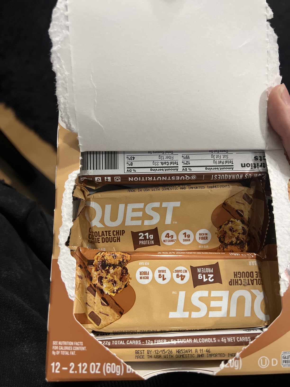Quest Nutrition Chocolate Chip Cookie Dough Protein Bars, High Protein, Low Carb, Gluten Free, Keto Friendly, 12 Count customer photo 1