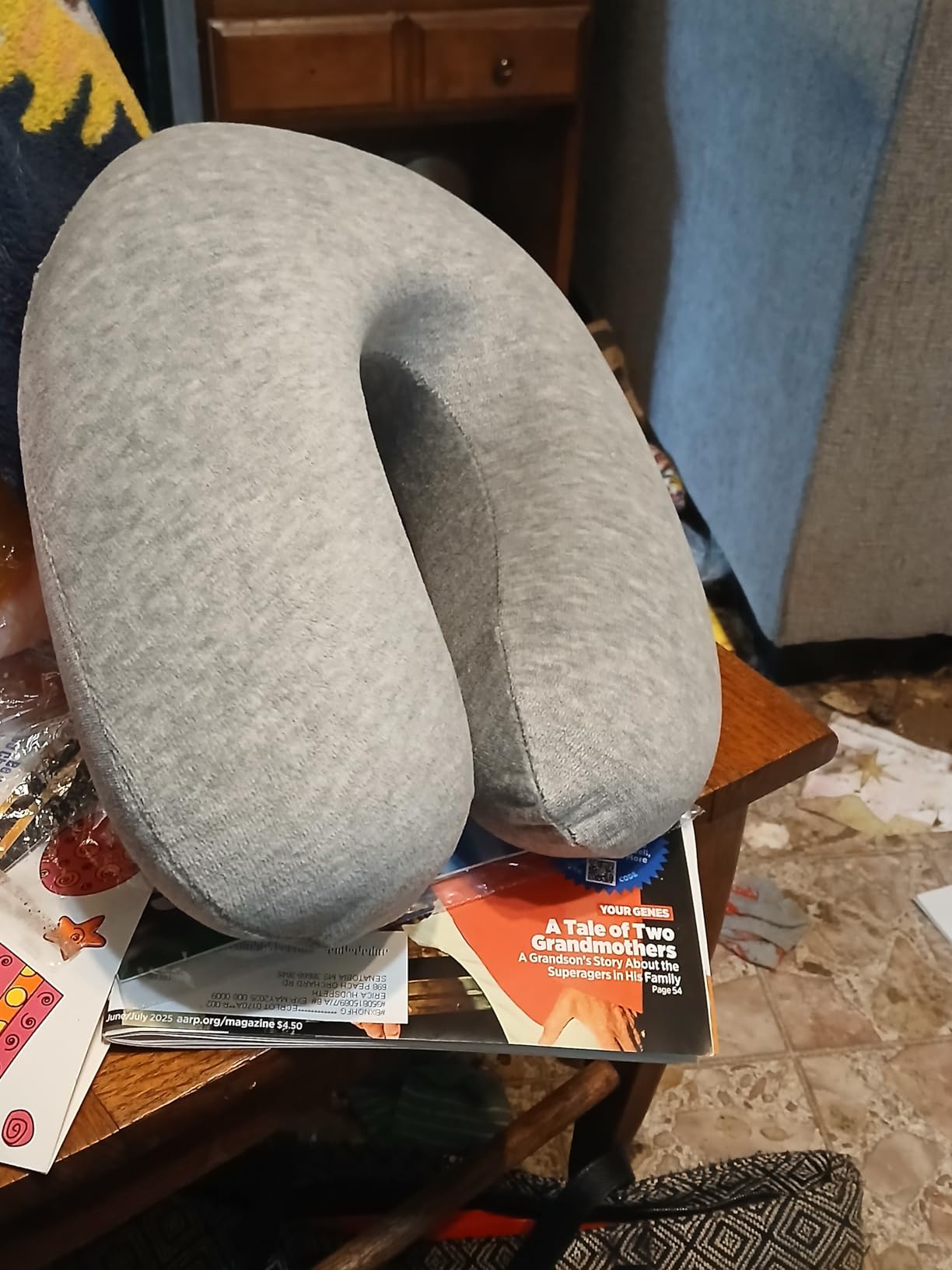 Amazon Basics Soft Memory Foam Semicircular Neck Pillow for Travel, Neck and Shoulder Support, Grey, Washable Cover customer photo 1