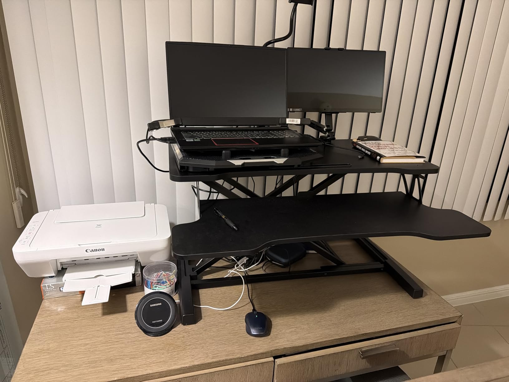 FITUEYES Height Adjustable Standing Desk 32 inch Wide Sit to Stand Converter Stand Up Desk Tabletop Workstation for Dual Monitor Riser FSD308001WB customer photo 1