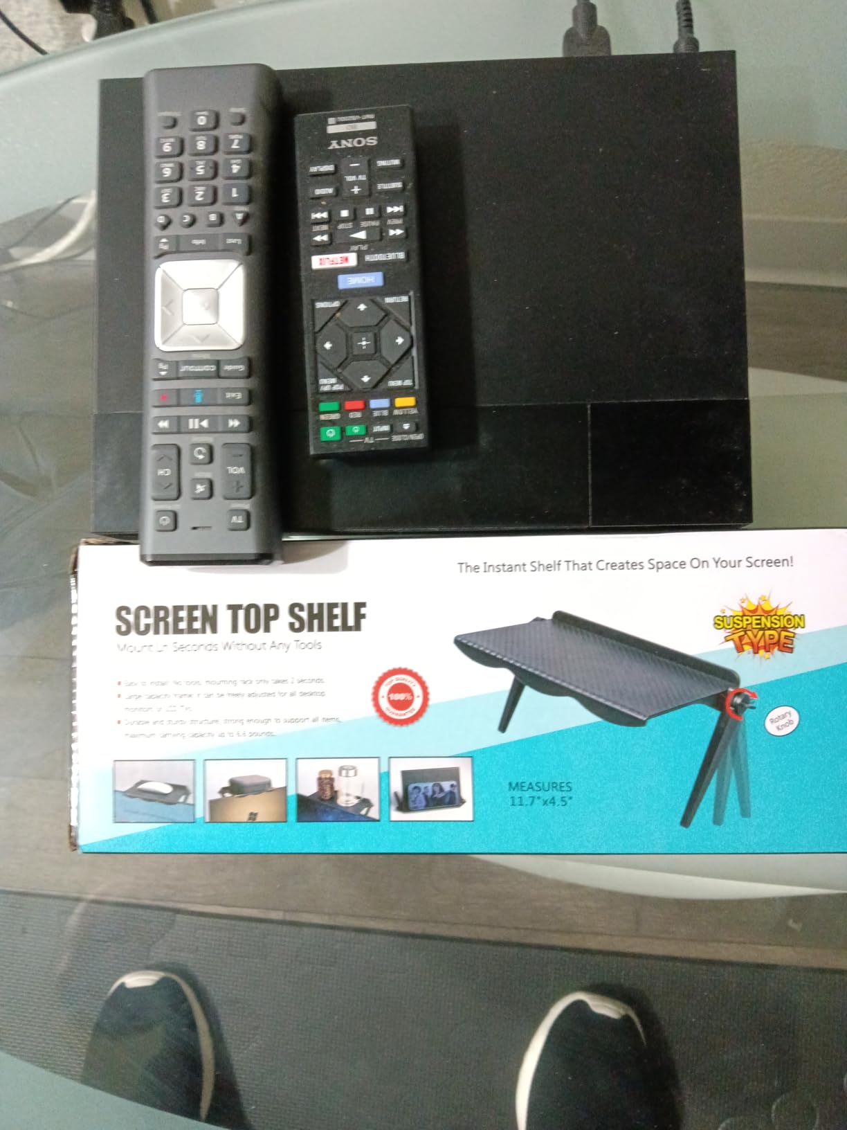 11.5 Inch Adjustable Screen Top Shelf Organizer for TV Computer Monitor Flat Screen, TV Mount Top Shelf Used to Place Soundbar Cable Box Speakers Apple TV Play-Station Camera Frames Remote customer photo 1