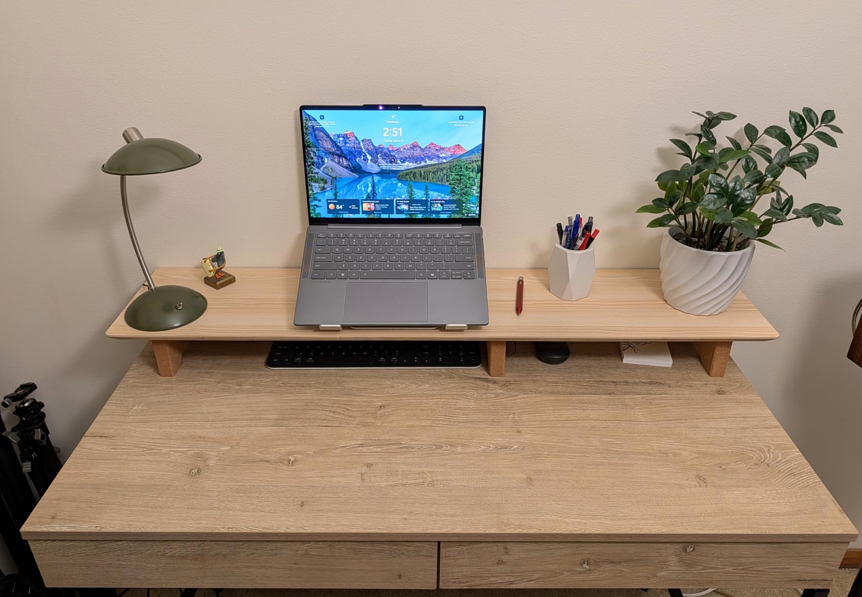 Aothia Large Dual Monitor Stand Riser, Solid Wood Desk Shelf with Eco Cork Legs for Laptop Computer/TV/PC/Printers, Perfect Desktop Stands Organizer with Underneath Storage for Office Accessories customer photo 2