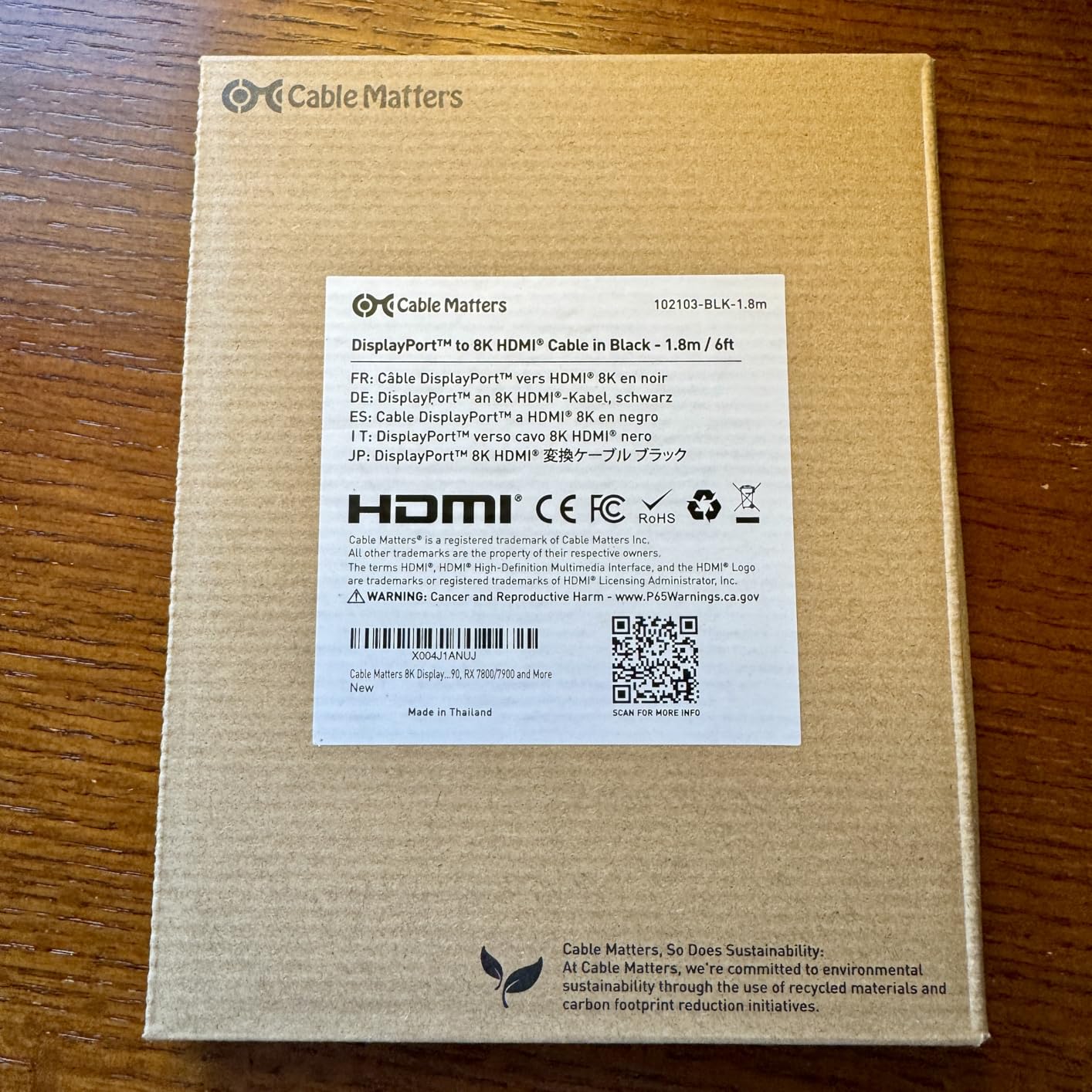 Cable Matters Uni-Directional 8K DisplayPort to HDMI 2.1 Cable - 6ft, with 4K 240Hz / 8K 60Hz, Display Port to HDMI 2.1 Cable, Supports RTX4080, RX7900 customer photo 1