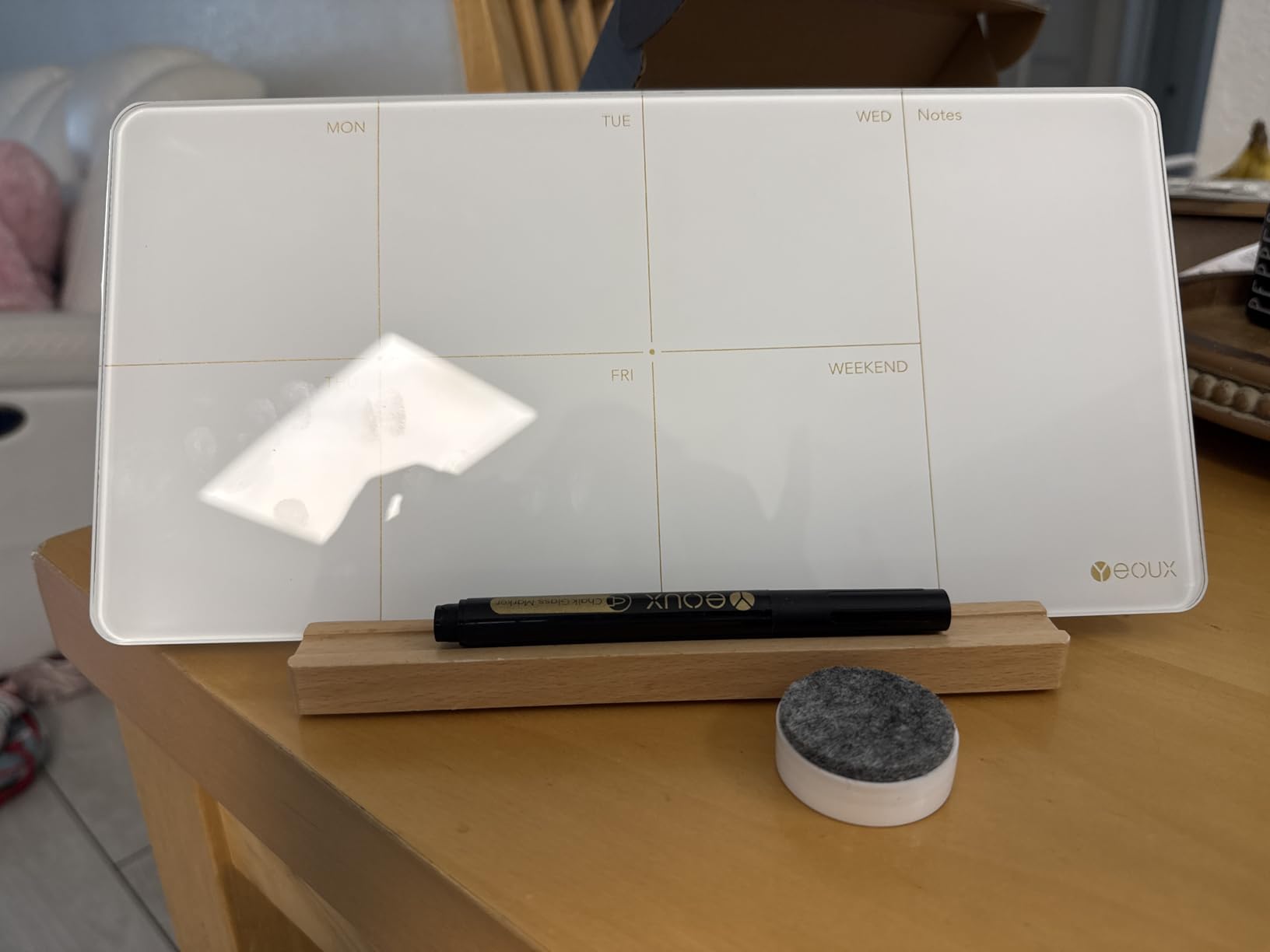 Desktop Glass Weekly Planner Whiteboard with Detachable Wood Stand, Small Portable Dry Erase Calendar to Do List White Board 12x6 for Office, Home, Schools, Marker&Eraser Included, Yeoux customer photo 2