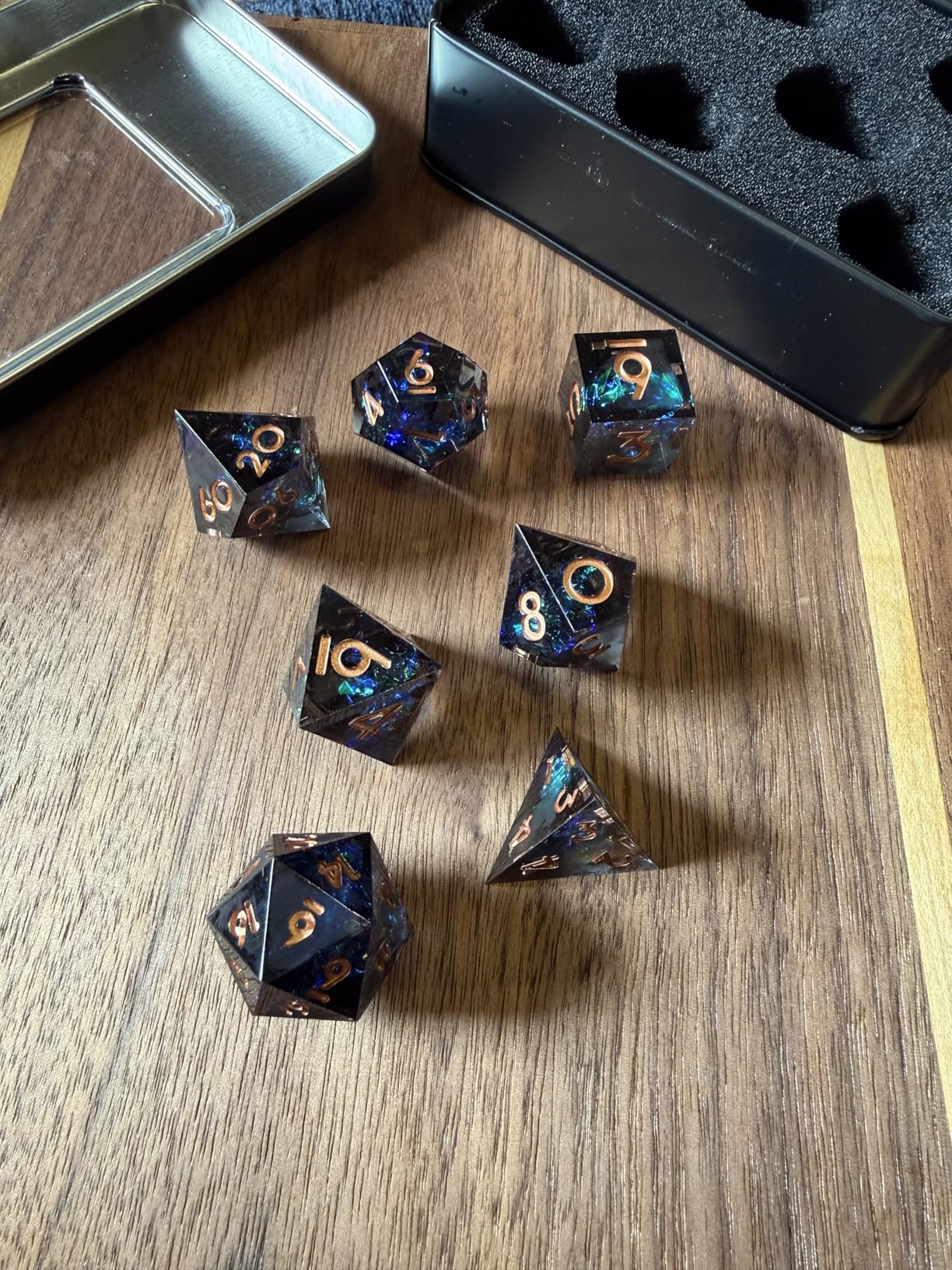 AUSTOR 7-Die DND Dice Set, Handmade Sharp Edge Polyhedral Dice for Dungeons and Dragons RPG MTG Table Games (Black & Blue) customer photo 1