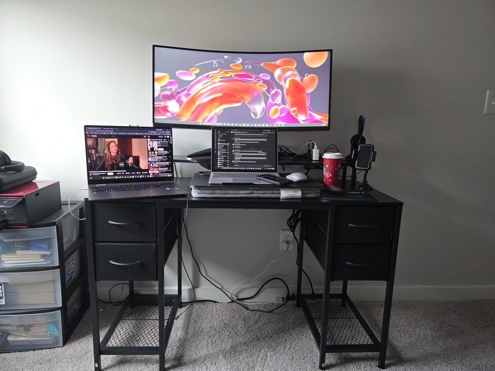 Huuger 47 inch Computer Desk with 4 Drawers, Gaming Desk with LED Lights & Power Outlets, Home Office Desk with Large Storage Space for Bedroom, Work from Home, Black customer photo 2