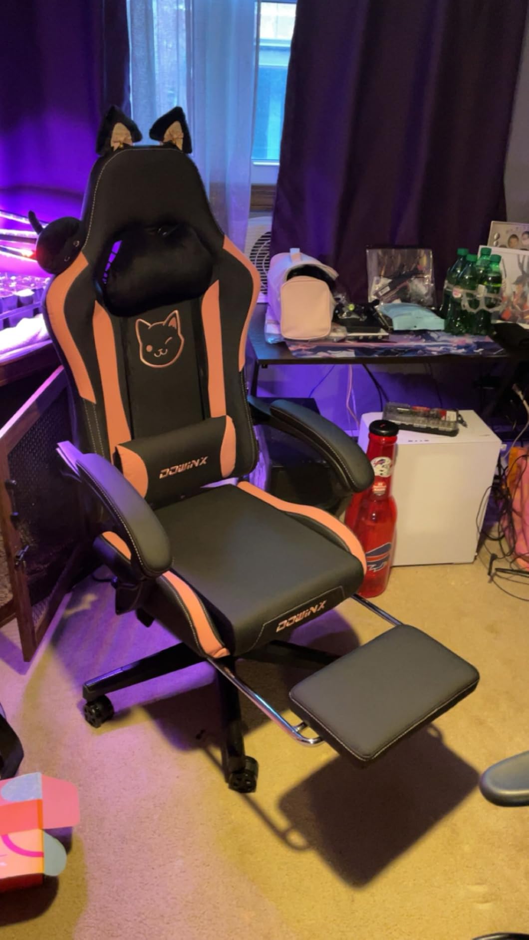 Dowinx Gaming Chair Cute with Cat Ears and Massage Lumbar Support, Ergonomic Computer Chair for Girl with Footrest and Headrest, Comfortable Reclining Game Chair 290lbs for Adult, Teen, Blue Green customer photo 2