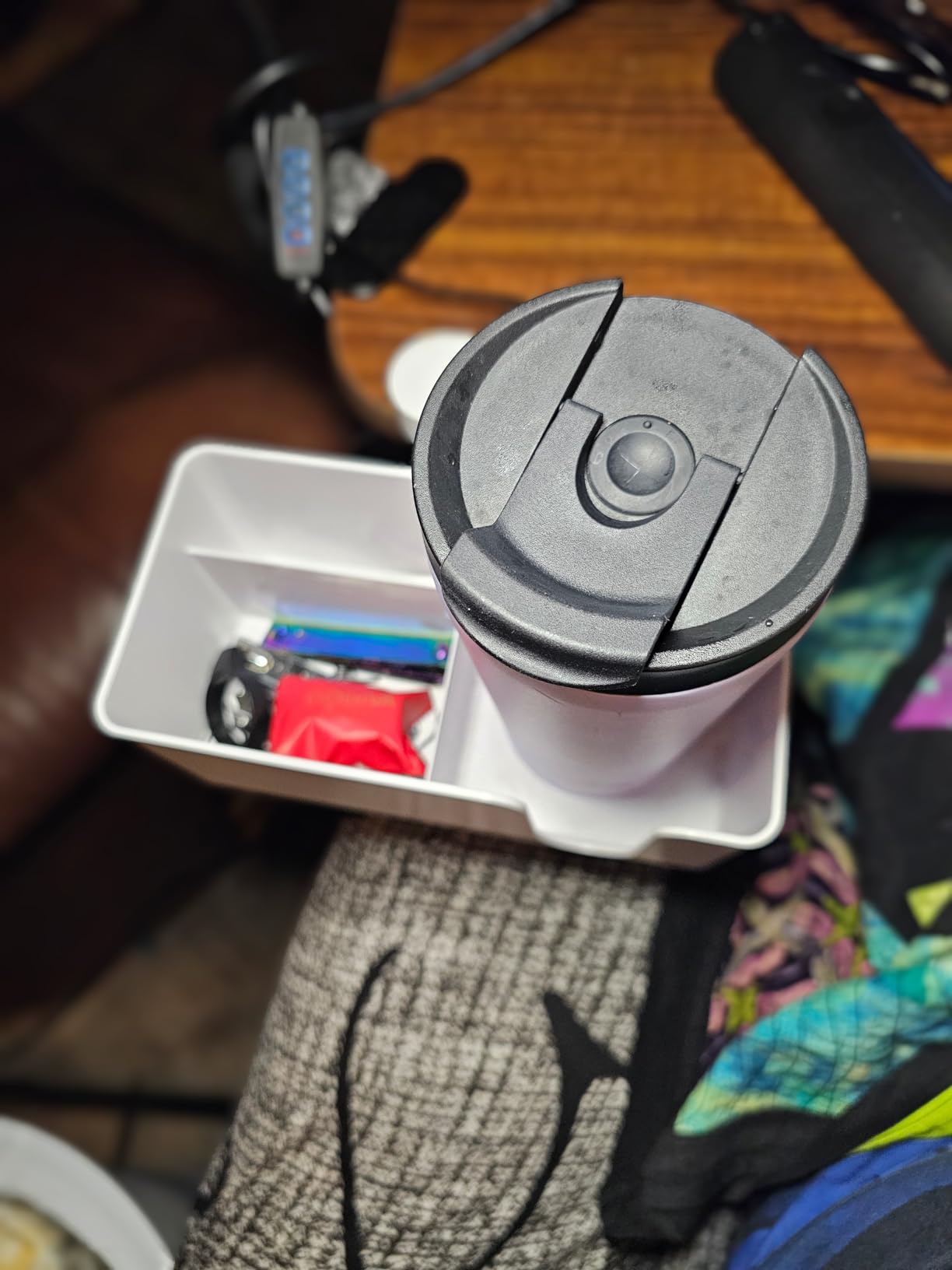KDD 4-in-1 Desk Organizer - Under Desk Cup Holder and Headphone Hanger with 2 Wire Holes - Rotating Hanger and Detachable Storage for Cup, Phone and Pen (White) customer photo 2