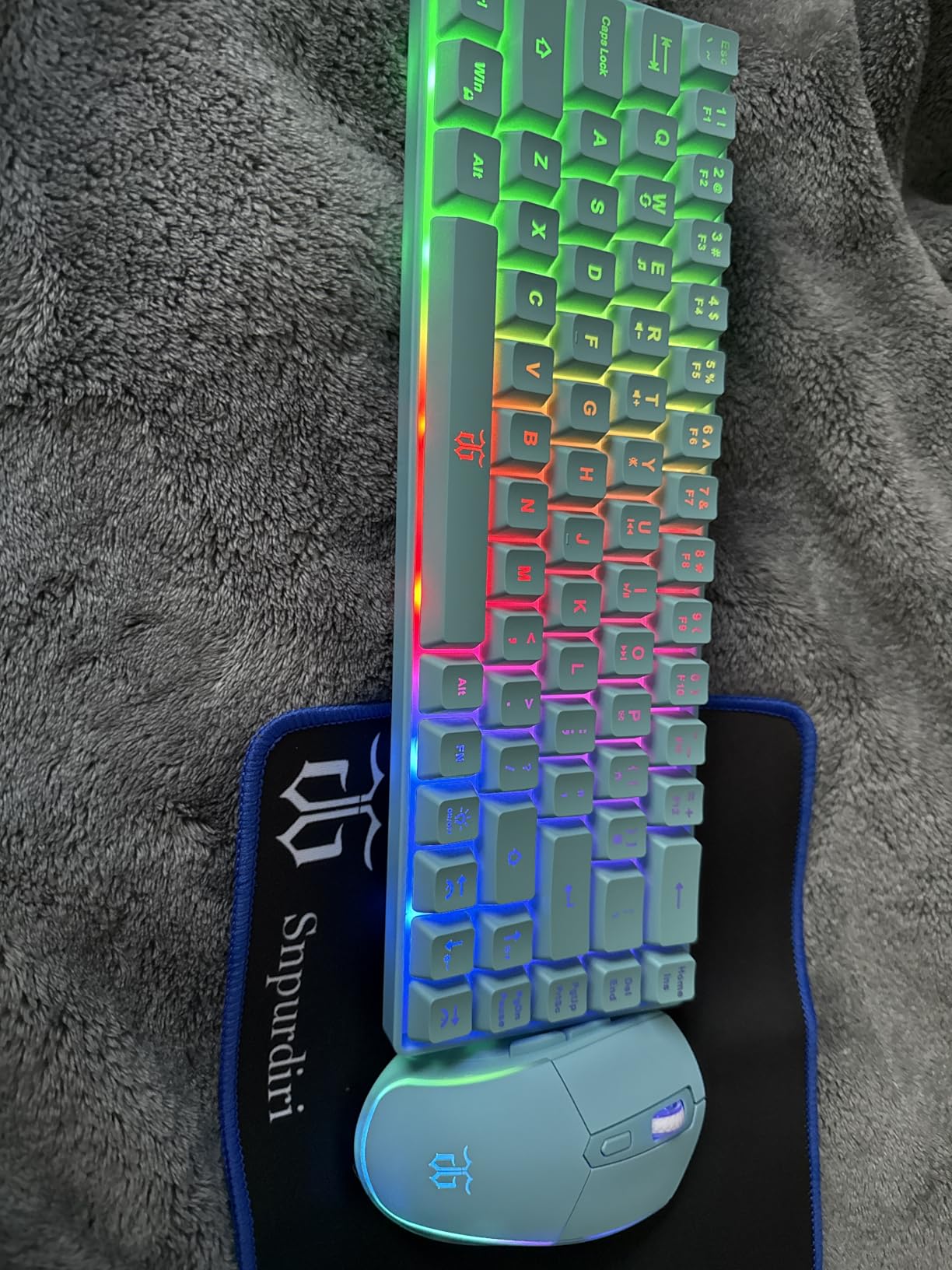 Snpurdiri 60% Wireless Gaming Keyboard and Mouse Combo,Ice Blue Backlit Rechargeable 2000mAh Battery,Mini Mechanical Feel Anti-ghosting Keyboard + Popular RGB Mice for Gaming, Office(White-Black) customer photo 2