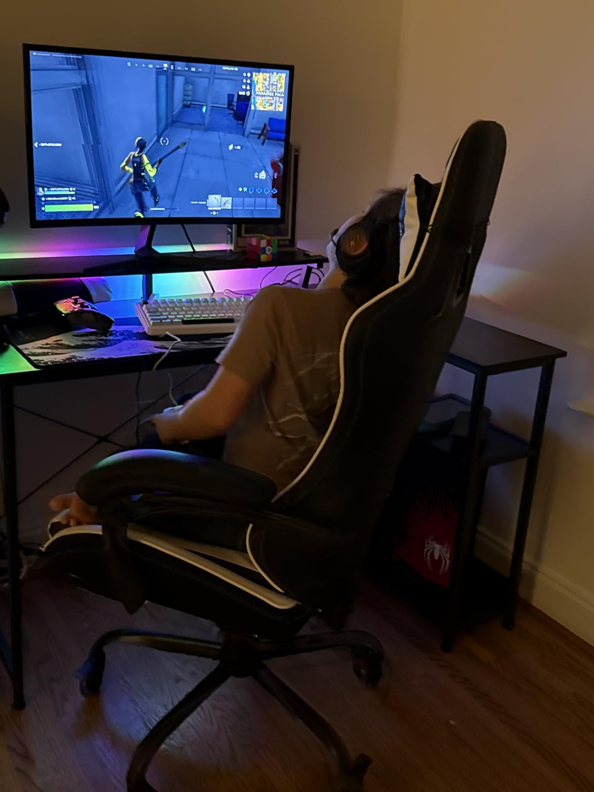 ODK 58 Inch Gaming Desk with USB Charging Ports and LED Lights, Reversible L Shaped Computer Desk with Storage Shelves & Monitor Stand, Corner Gamer Desk Table with Power Outlets, Black customer photo 1
