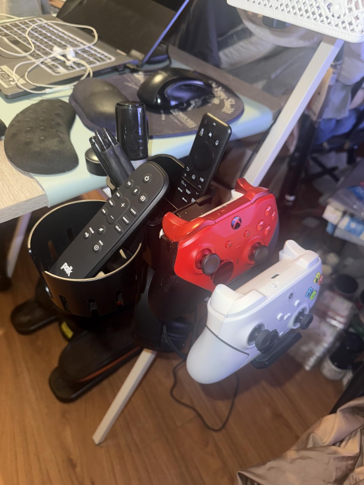 KDD 5 in 1 Desk Controller Holder - Rotating Headphone Hanger with Cup Holder - Clamp On Desk Organizer Holds Controller, Headphone, Cup, Mobile Phone and Pen(Black) customer photo 1