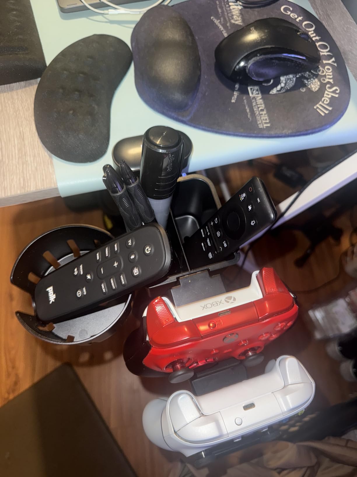 KDD 5 in 1 Desk Controller Holder - Rotating Headphone Hanger with Cup Holder - Clamp On Desk Organizer Holds Controller, Headphone, Cup, Mobile Phone and Pen(Black) customer photo 2