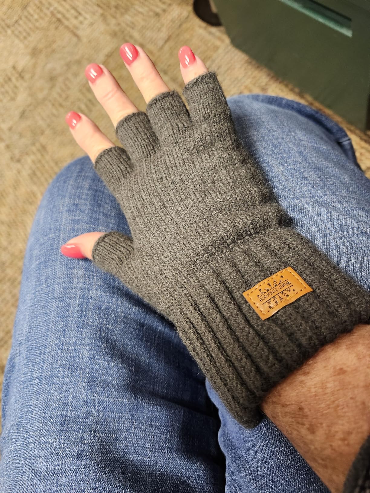 Fingerless Gloves for Women Men, Winter Warm Alpaca Wool Stretch Knit Adult Half Finger Glove for Typing, Driving customer photo 1