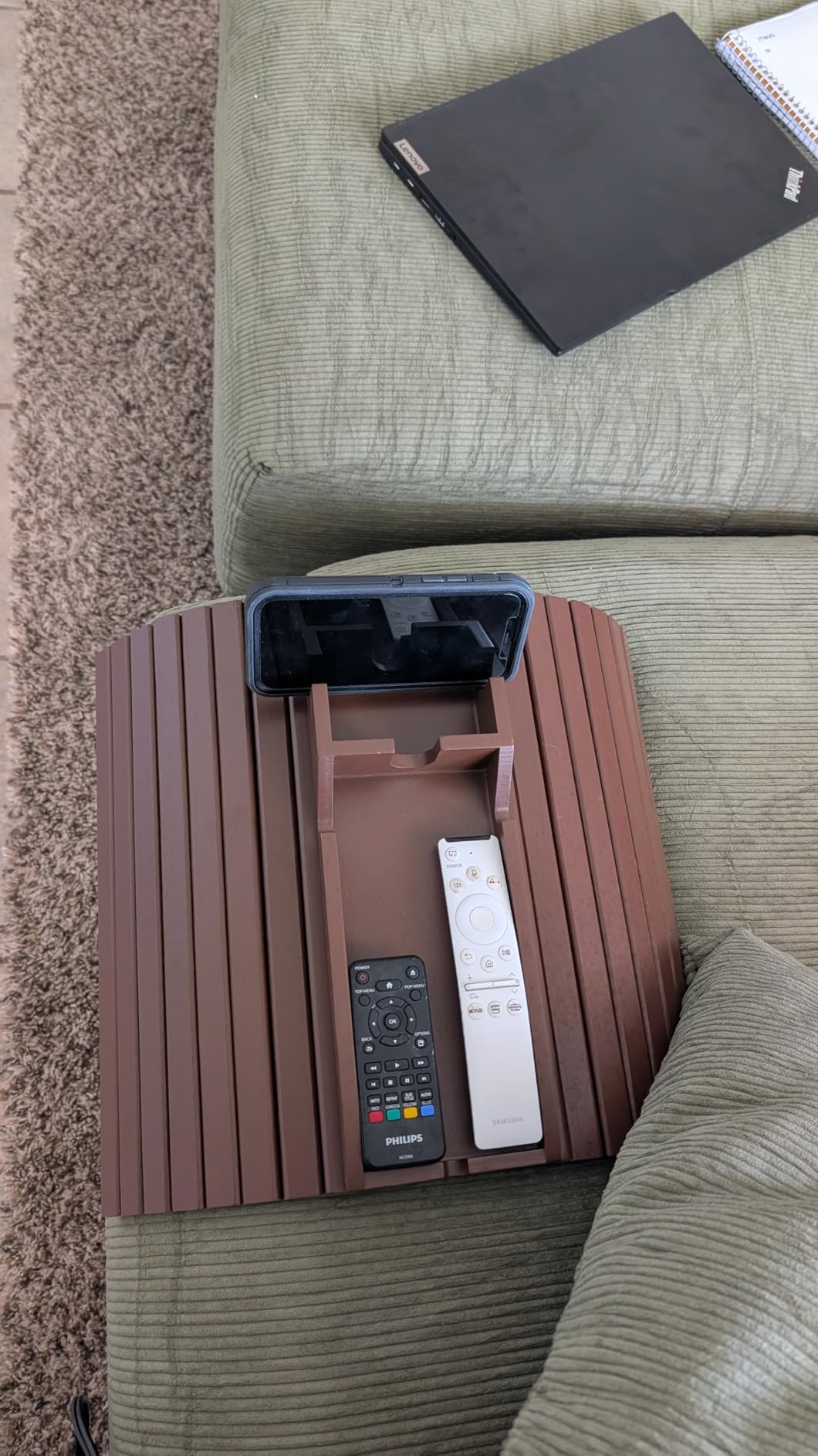 Bamboo Sofa Armrest Tray - Couch Arm Tray with Detachable Couch Cup Holder - 2 in 1 Anti-Slip Foldable Sofa Armchair Caddy Table for Drinks Cellphone TV Remote Snacks customer photo 1