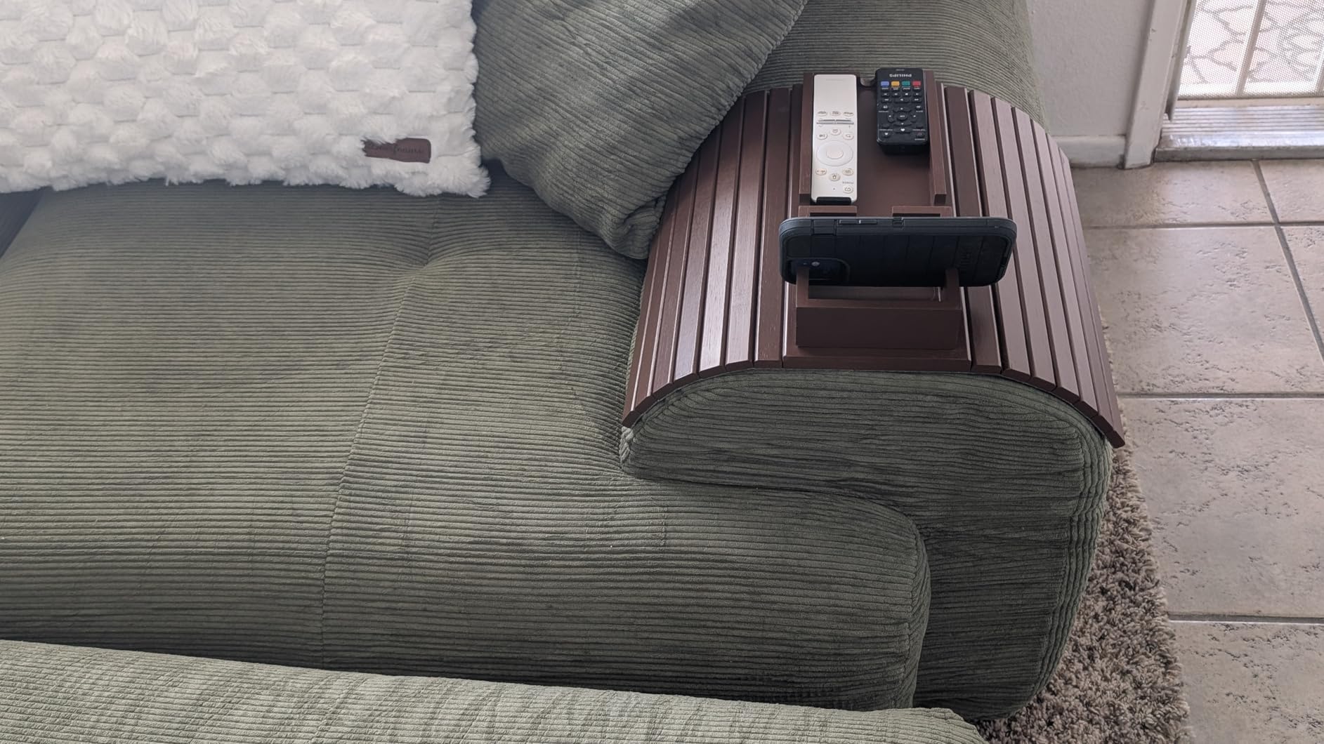 Bamboo Sofa Armrest Tray - Couch Arm Tray with Detachable Couch Cup Holder - 2 in 1 Anti-Slip Foldable Sofa Armchair Caddy Table for Drinks Cellphone TV Remote Snacks customer photo 2