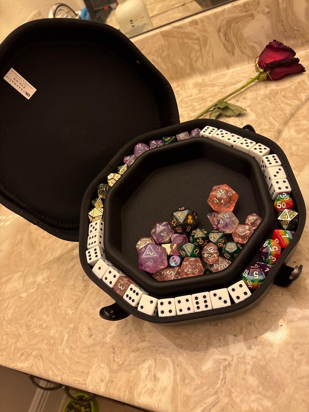 CASEMATIX Dice Tray and Dice Storage Case for Up to 115 RPG Dice - Dice Tray for Rolling with Magnetic Snaps, Embossed Tree of Life Design and Non-Scratch Interior for Random Rolls Dice Protection customer photo 2