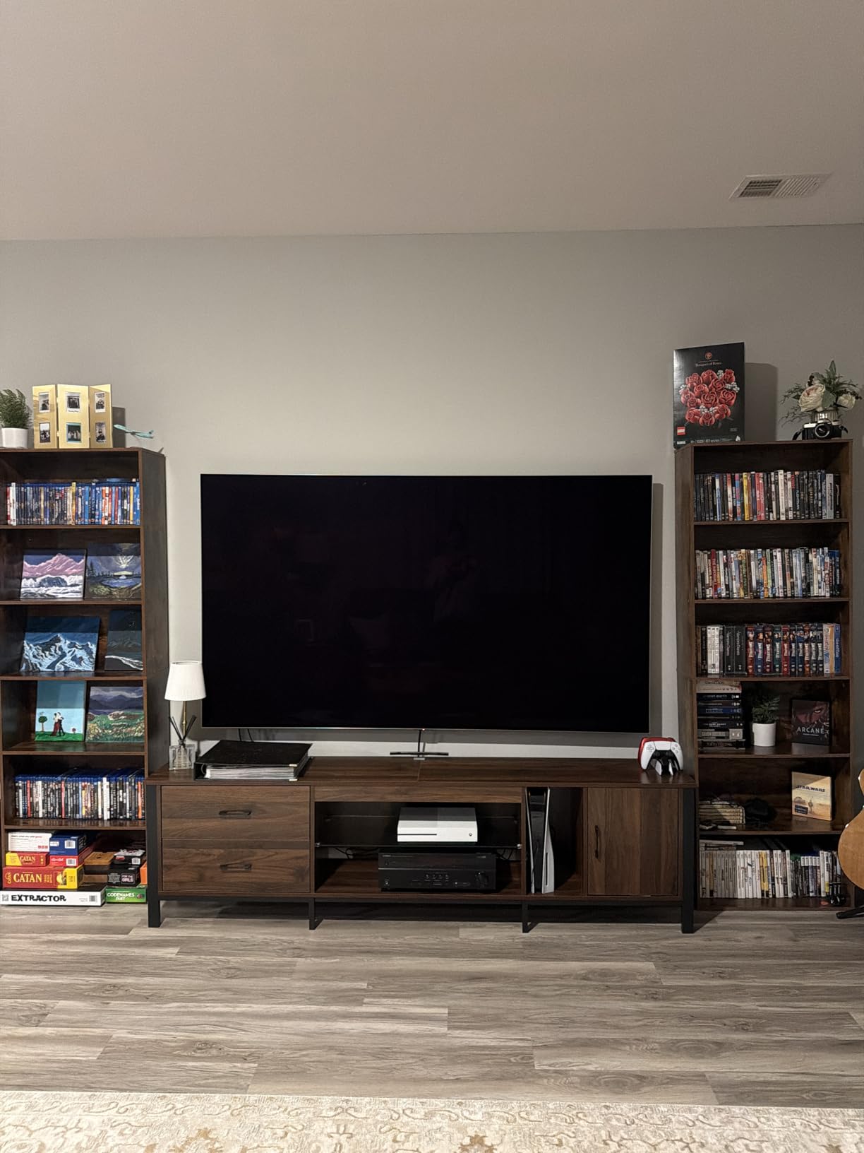 Bestier TV Stand for 75/80/85 inch TV, LED Gaming Entertainment Center, Modern TV Cabinet with Glass Shelves for Living Room, Media Console with 2 Storage Drawers & Cabinets for Bedroom, Walnut customer photo 1