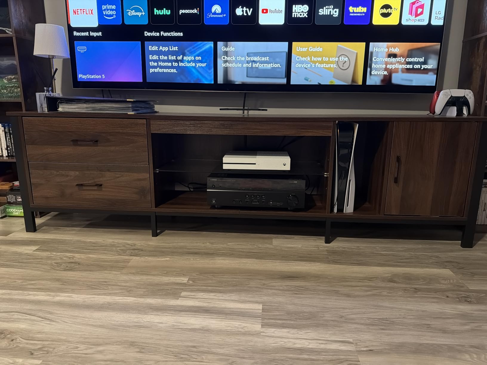 Bestier TV Stand for 75/80/85 inch TV, LED Gaming Entertainment Center, Modern TV Cabinet with Glass Shelves for Living Room, Media Console with 2 Storage Drawers & Cabinets for Bedroom, Walnut customer photo 2