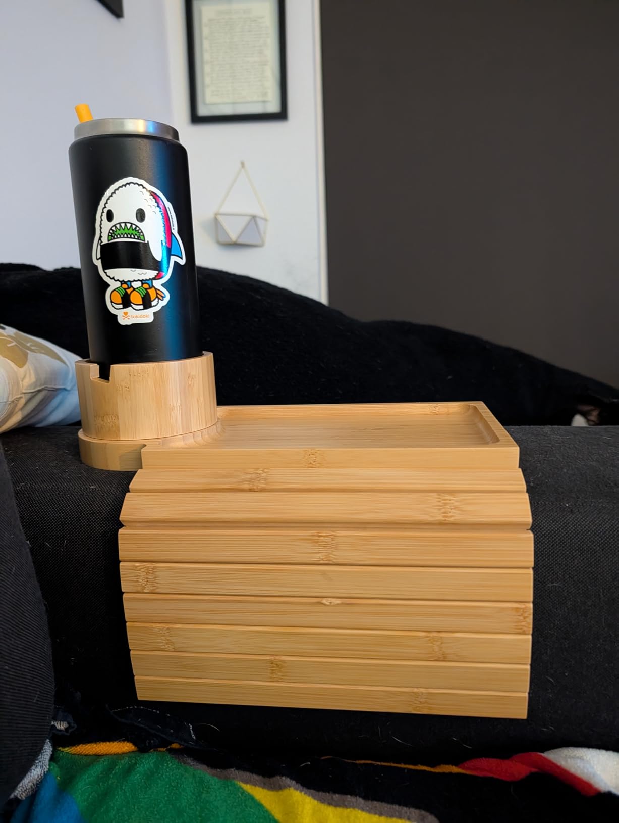 Couch Cup Holder Tray, 3 in 1 Couch Arm Trays,Large Bamboo Chair Arm Rest Tray with 360° Cup Holder,Removable Anti-Slip Organizer for Snack Eating customer photo 2