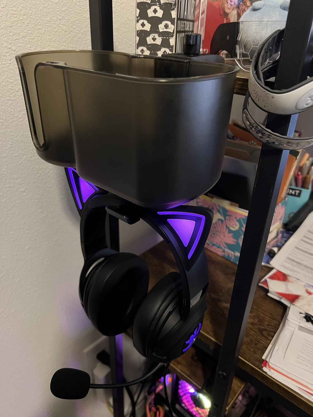 KEMIMOTO Desk Cup Holder with Headphone Hanger, 2 in 1 Caddy Organizer for Office Table, Lawn Chair, Golf Cart, Pontoon Boat, Fit for Most 18-32 oz Bottles (1) customer photo 1