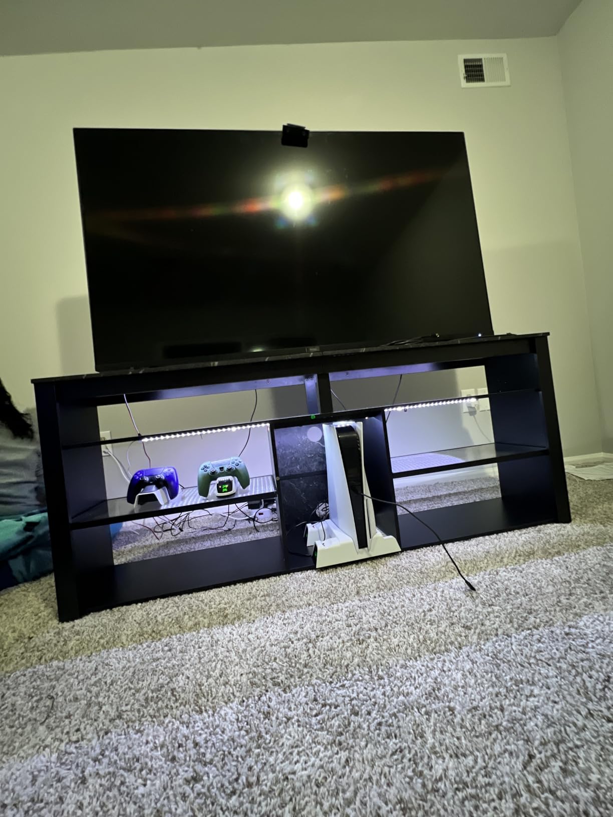 Bestier TV Stand for 70 inch TV, Tall Entertainment Center with 2 Led Lights, Gaming TV Console with Storage for PS5, Modern TV Cabinet for Bedroom, Living Room, White Marble customer photo 2