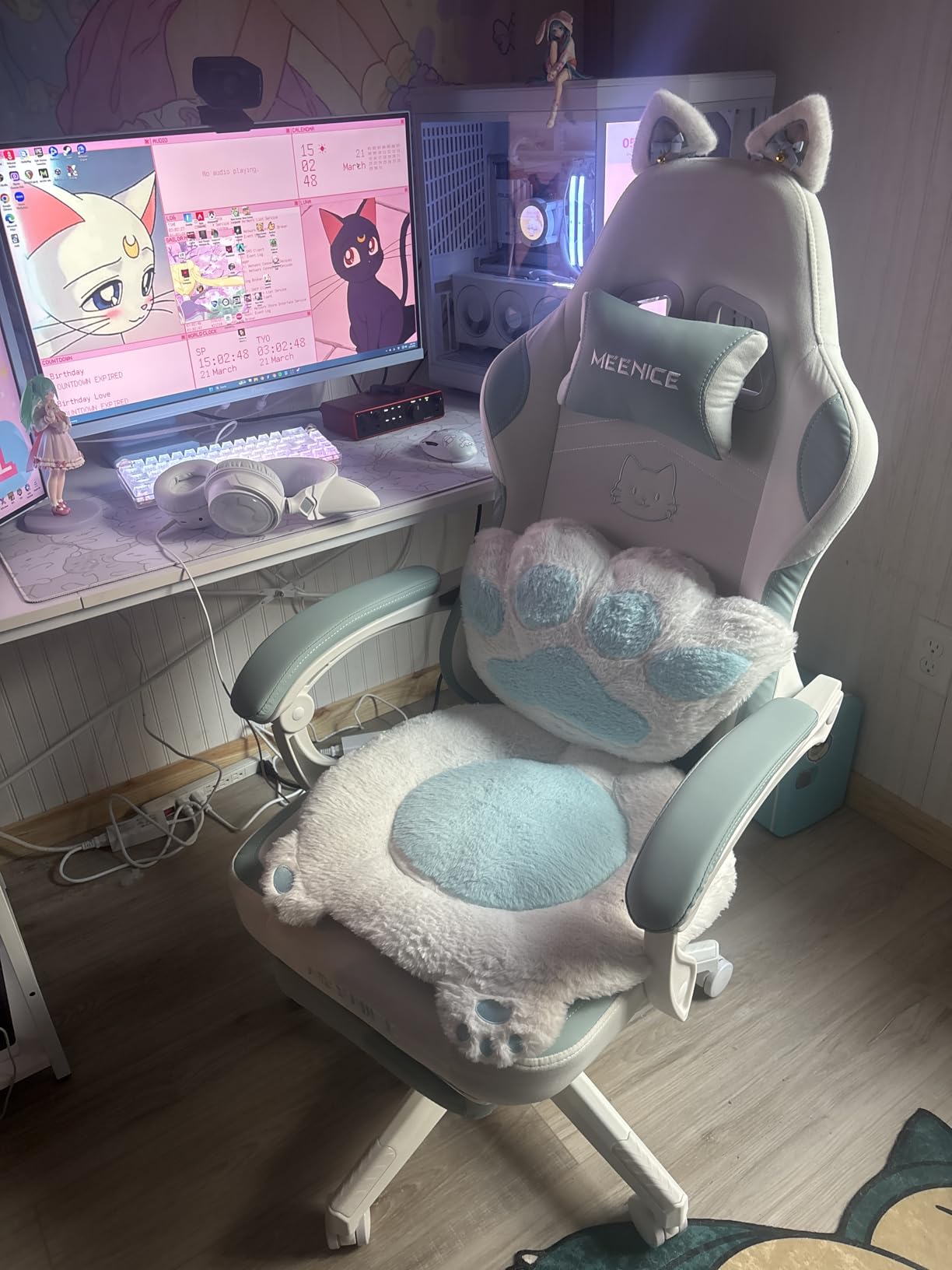 Pink Gaming Chair Cute with Cat Ears Paw Lumbar and Cushion, Ergonomic Computer Chair with Footrest, Reclining PC Game Chair for Girl Computer Chair 300lbs for Adult customer photo 1