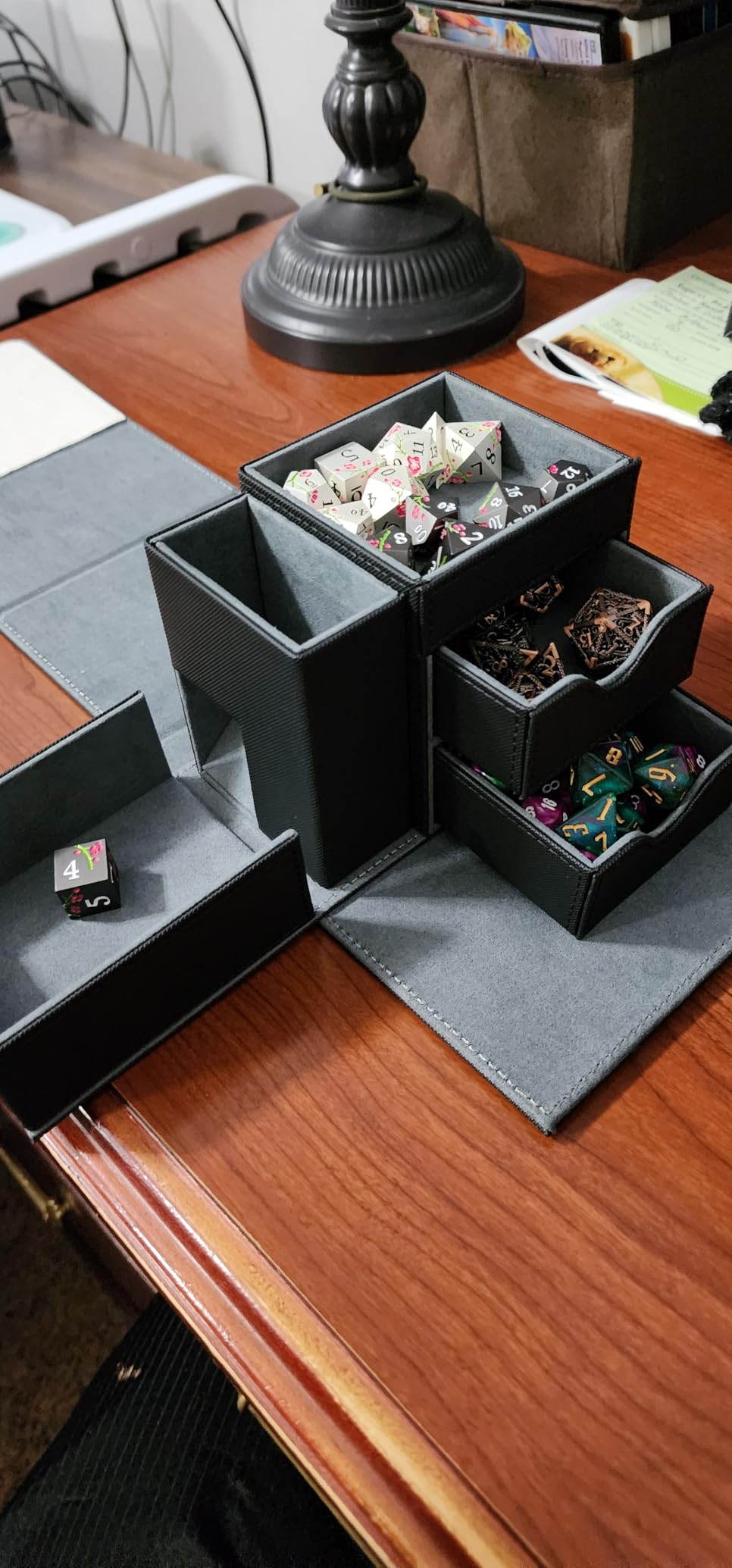 Dice Tray & Dice Tower Storage Box, 3 in 1 Dice Holder Case (Dice Rolling Tray, Dice Rolling Tower, Dice Storage Drawers), Leather Magnetic Closure DND Accessories Gifts for RPG MTG, Black/Grey customer photo 1