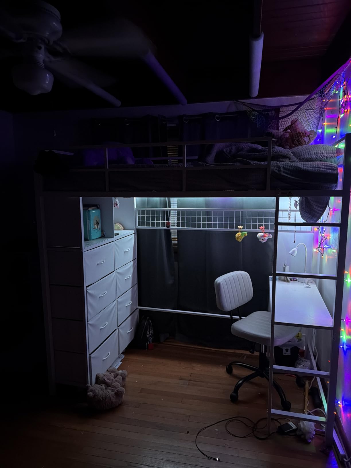 ADORNEVE Twin Size Loft Bed with Desk and 8 Storage Drawers, Metal Kids Loft Bed Twin with LED Lights & Charging Sation, Storage Shelves, 13.1