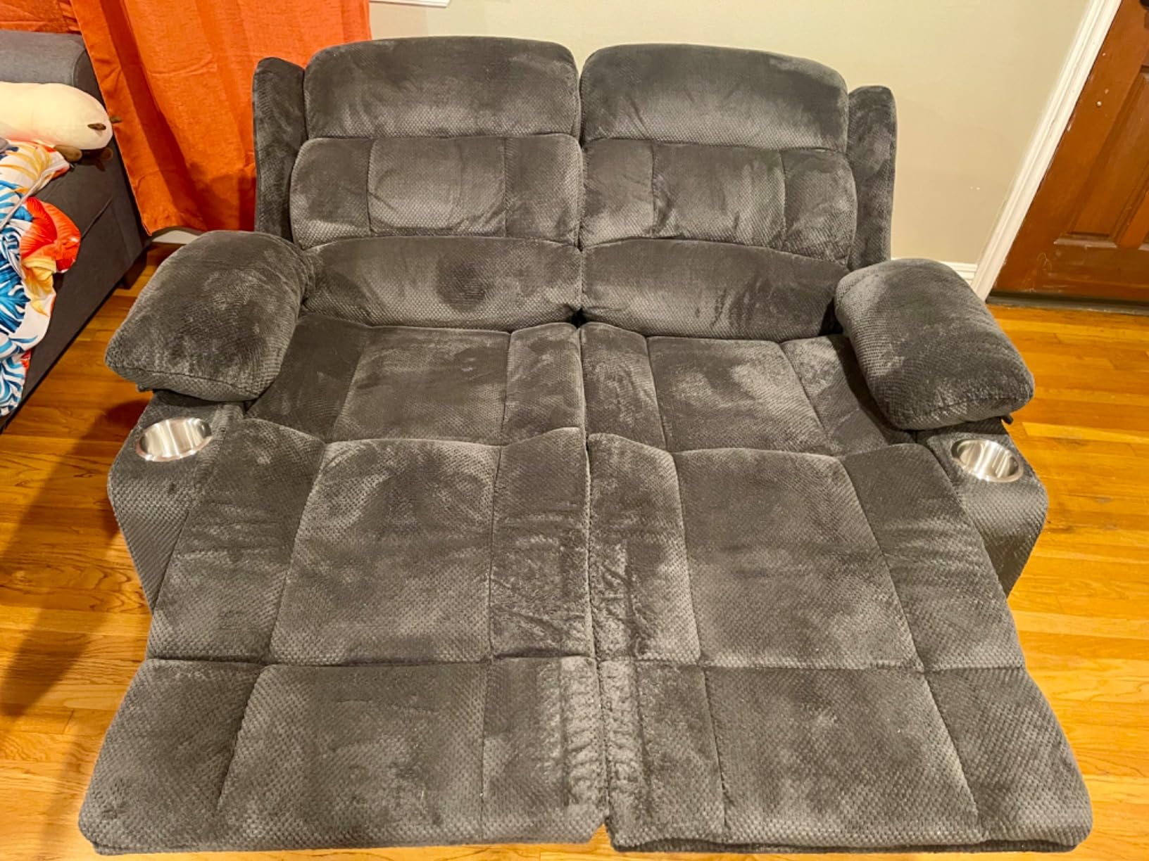 Loveseat Recliner Sofa, 2 Seater Curved Sofa for Living Room, Fabric Manual Pull Tab Reclining Loveseat with Storage Console, Home Theater Seating with USB Charge Ports, Cup Holders, Grey customer photo 1