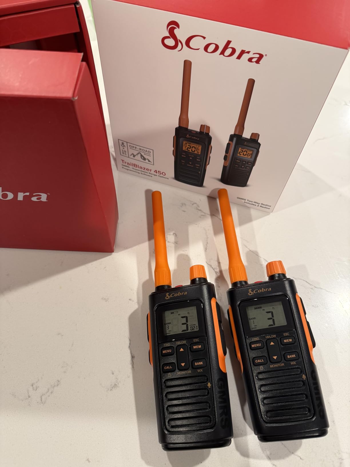Cobra TrailBlazer 450 GMRS Radio (2-Pack) - IP54 Weather Resistant, 16hr Battery, 2.5W Long Range Walkie Talkies, Large LCD Display, NOAA, Programmable Software, Removable Antenna, Repeater Capable customer photo 2
