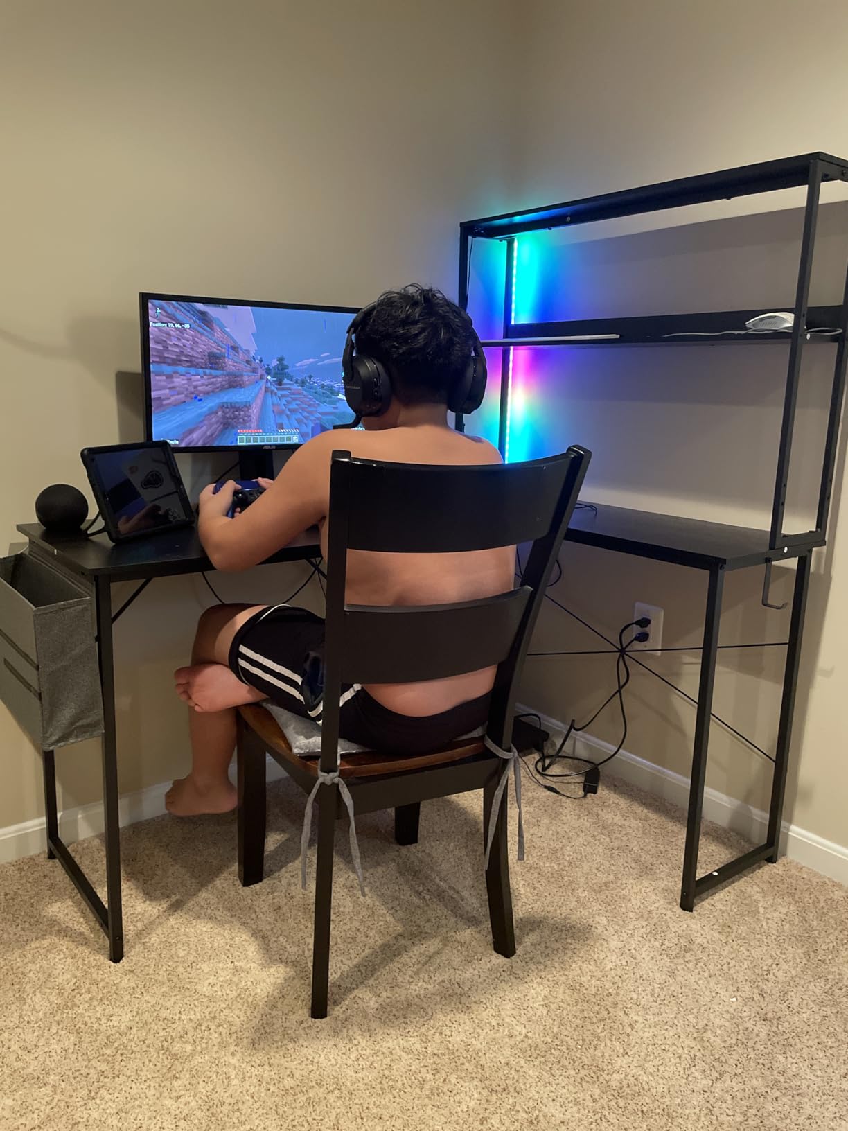 ODK 53 Inch L Shaped Gaming Desk with LED Lighting, Reversible Desk with Power Outlets, Cornor Computer Table with Storage Shelves & Bag & Iron Hook, Home Office Table for Writing, Study, Black customer photo 1