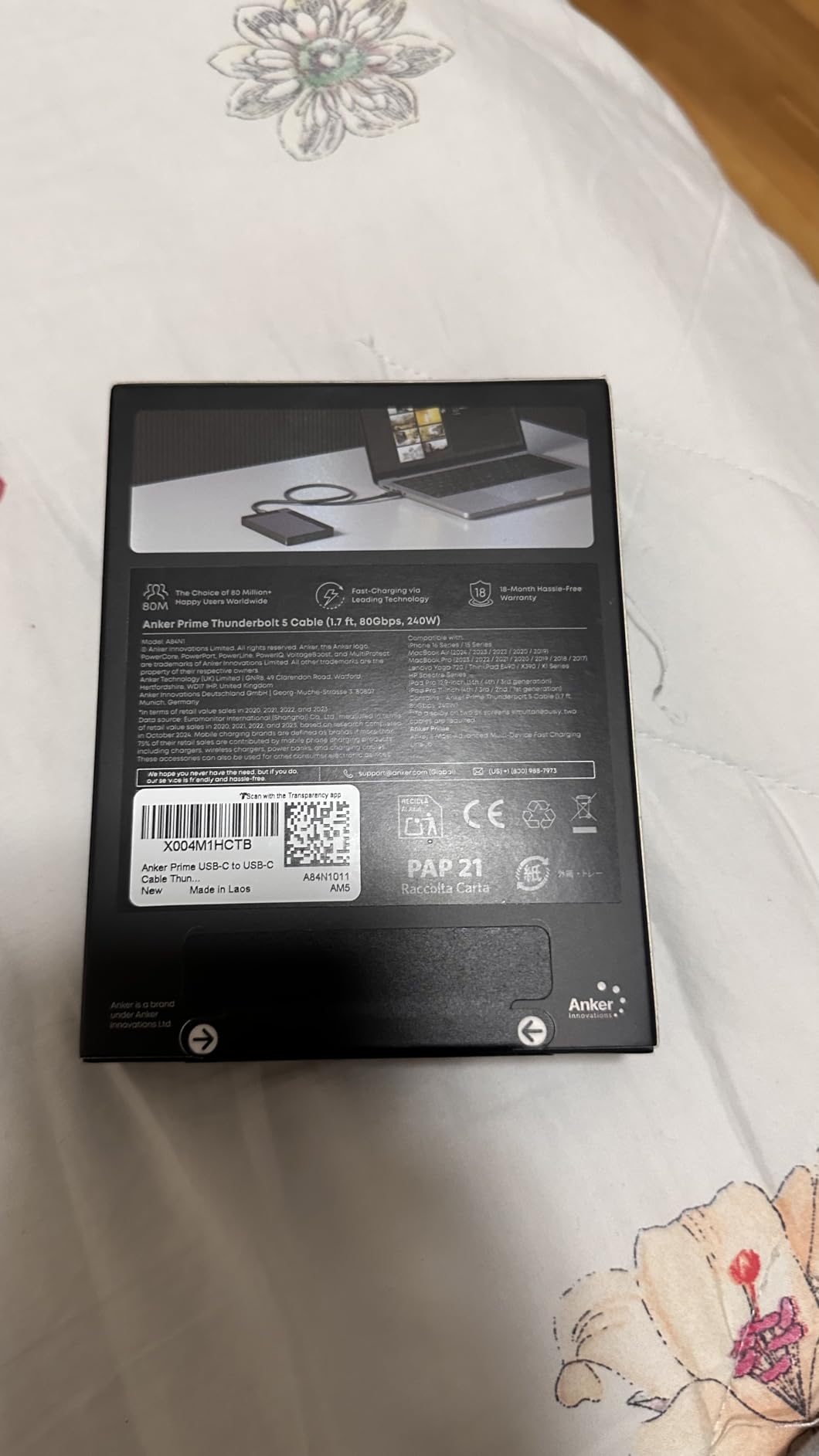 Anker Prime Thunderbolt 5 Cable, 3.3 FT USB C to USB C Cable, 240W Charging, 80Gbps Data Transfer, Up to 120Gbps Bandwidth, 8K/4K Displays, for iPhone 16, MacBook, and More (Thunderbolt 5-Certified) customer photo 2