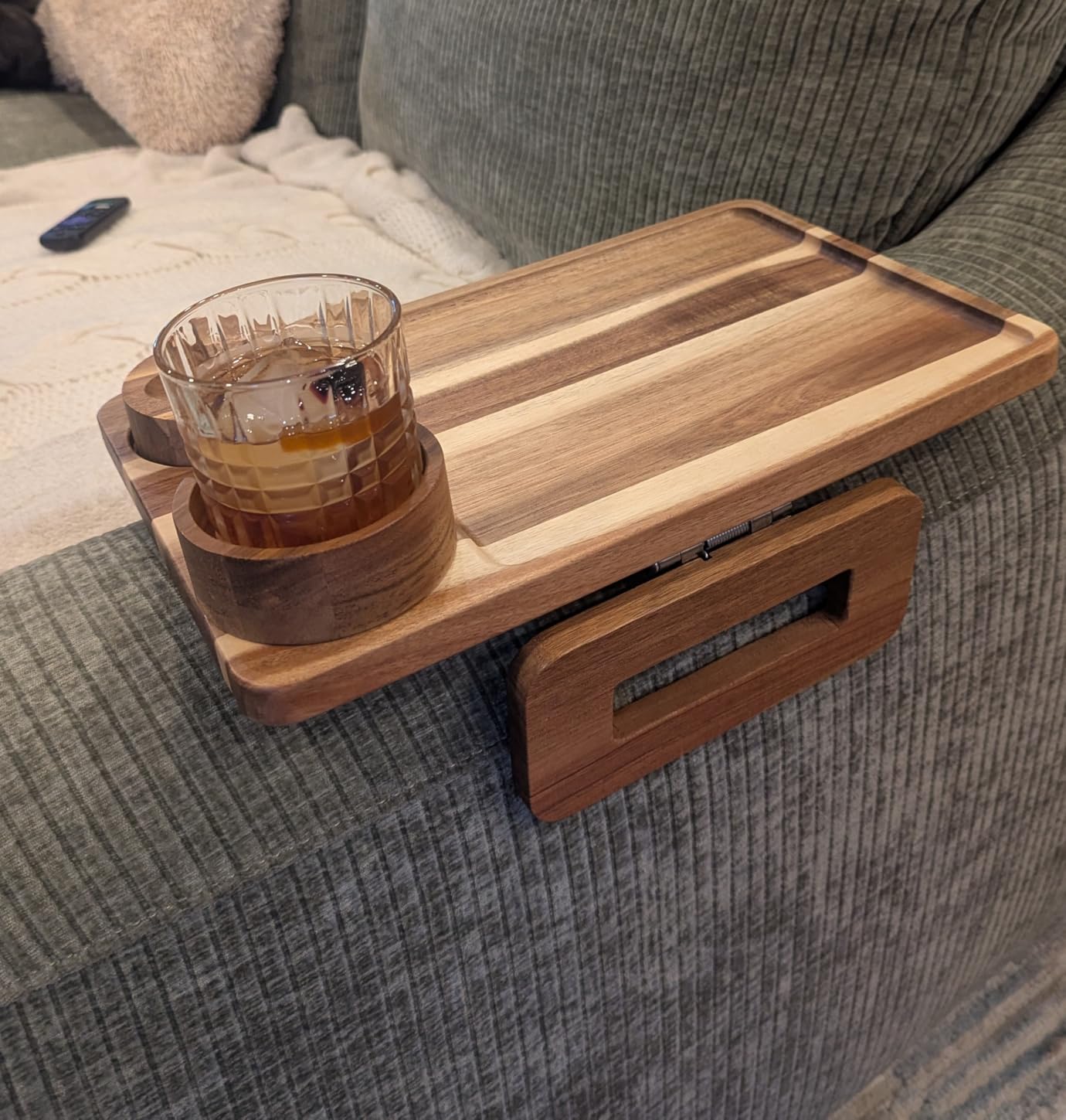 3 in 1 Acacia Wood Couch Arm Tray,Couch Tray with Cup Holder and Phone Holder,Folding Sofa Armrest Trays Clip-On Sofas Desk for Drinks,Snacks,Phone,Remote Control customer photo 1