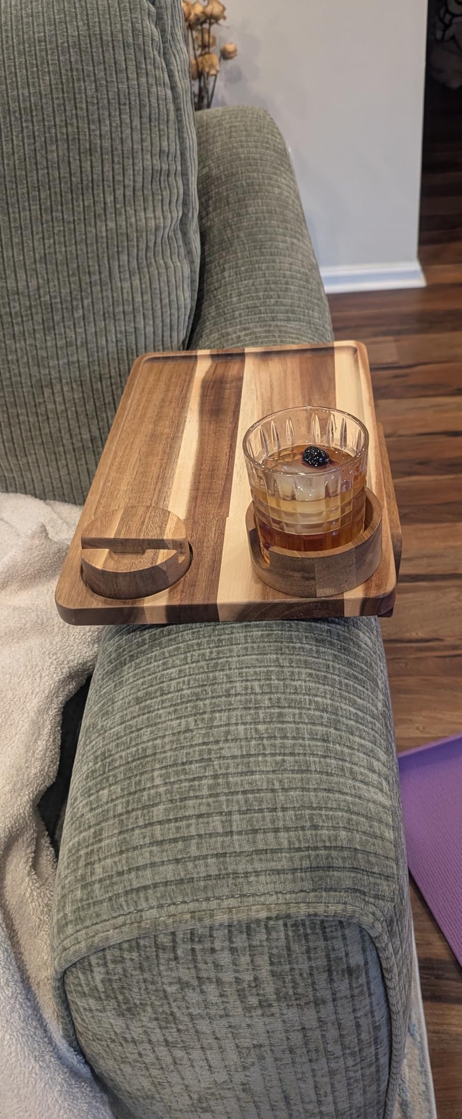 3 in 1 Acacia Wood Couch Arm Tray,Couch Tray with Cup Holder and Phone Holder,Folding Sofa Armrest Trays Clip-On Sofas Desk for Drinks,Snacks,Phone,Remote Control customer photo 2