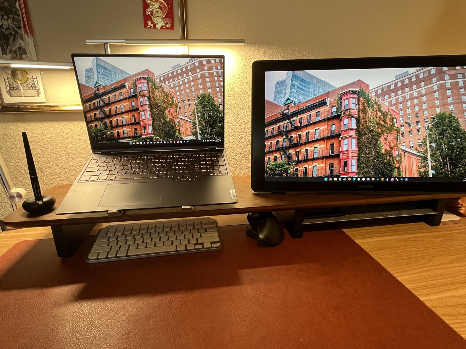 KIVY Dual Monitor Riser with Integrated Metal Shelf - Wooden desk shelf for top of desk - Wood monitor stand for desk 2 monitors / tv - Dual monitor stand riser for desk - Large walnut monitor stand customer photo 1