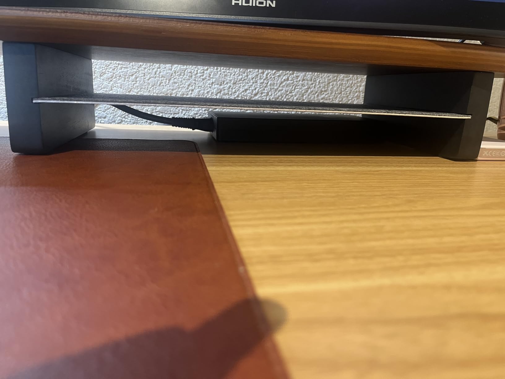 KIVY Dual Monitor Riser with Integrated Metal Shelf - Wooden desk shelf for top of desk - Wood monitor stand for desk 2 monitors / tv - Dual monitor stand riser for desk - Large walnut monitor stand customer photo 2